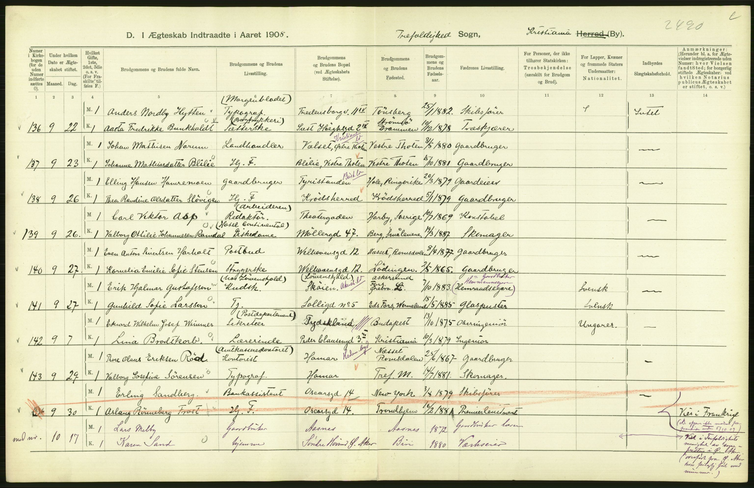 Statistisk sentralbyrå, Sosiodemografiske emner, Befolkning, AV/RA-S-2228/D/Df/Dfa/Dfaf/L0007: Kristiania: Gifte, 1908, p. 434