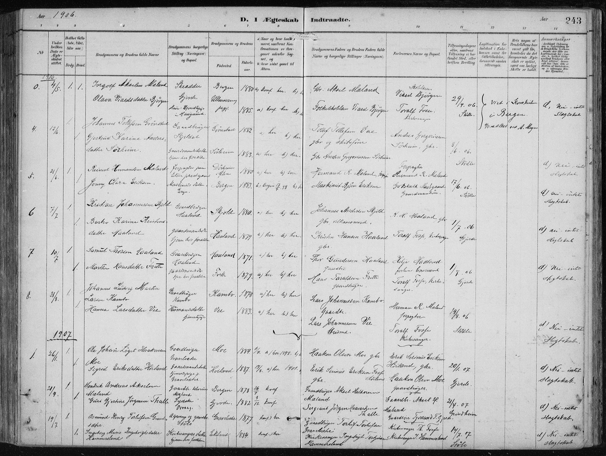Etne sokneprestembete, SAB/A-75001/H/Haa: Parish register (official) no. B  1, 1879-1919, p. 243