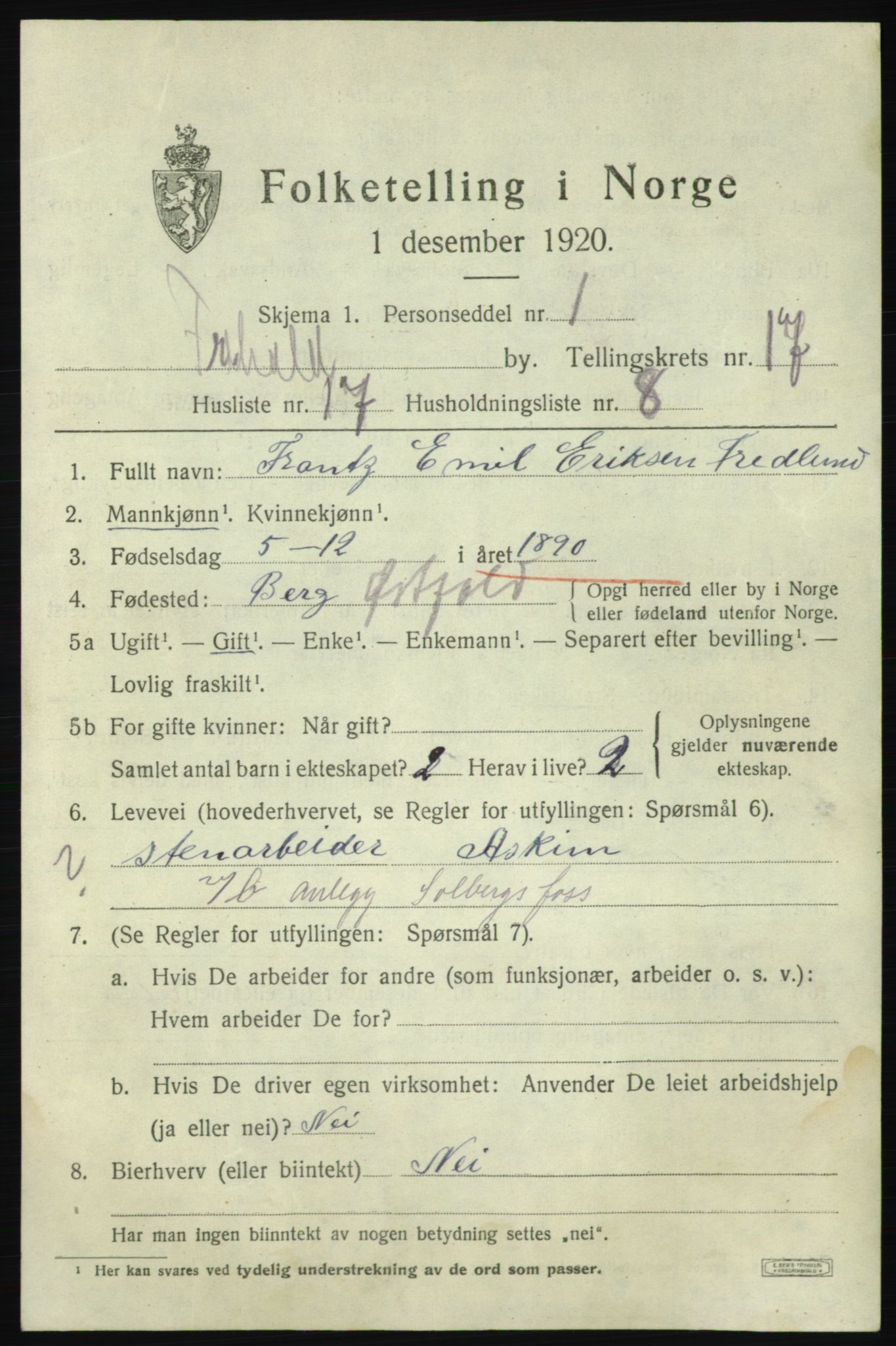 SAO, 1920 census for Fredrikshald, 1920, p. 26180