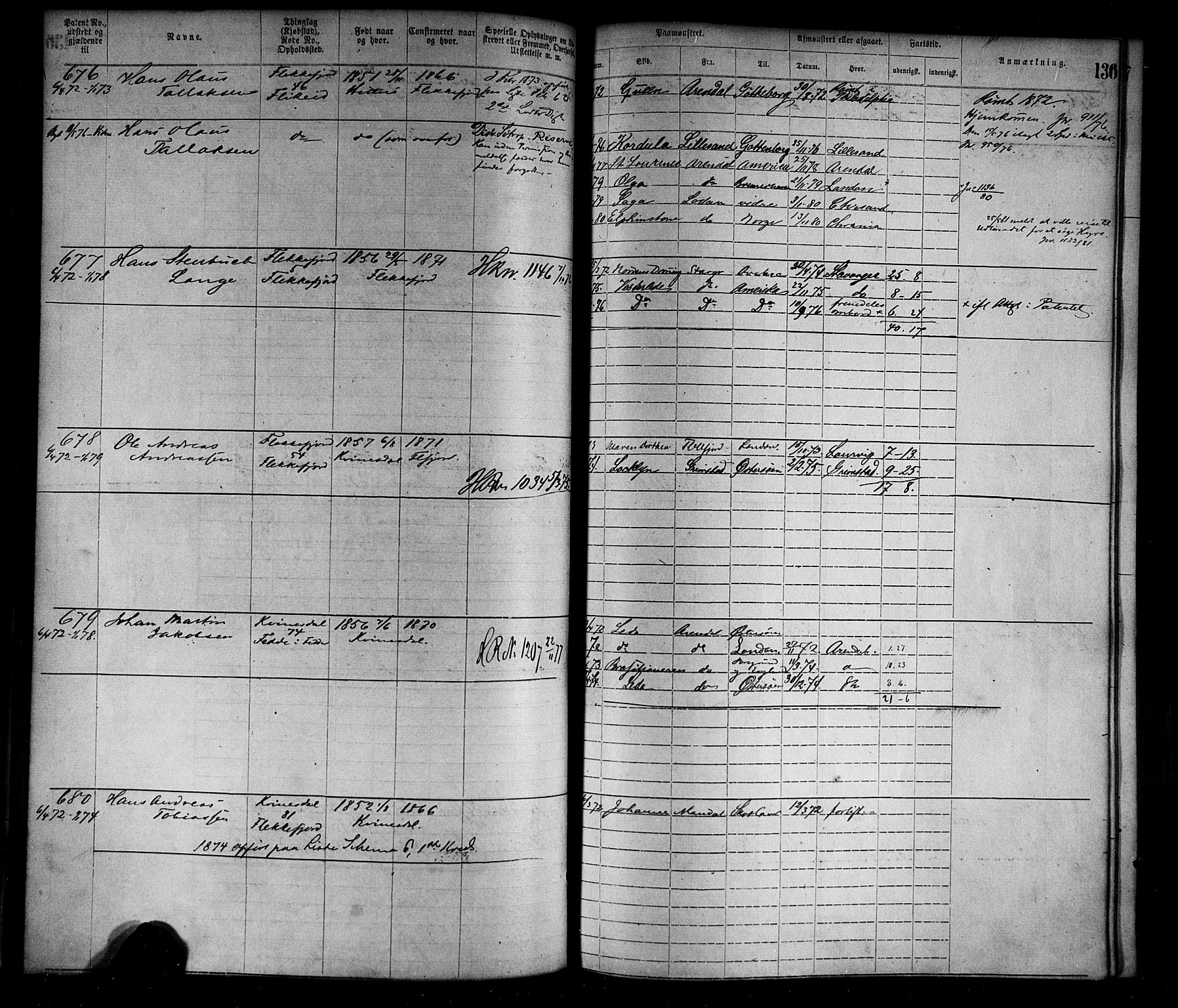 Flekkefjord mønstringskrets, AV/SAK-2031-0018/F/Fa/L0002: Annotasjonsrulle nr 1-1920 med register, N-2, 1870-1891, p. 160