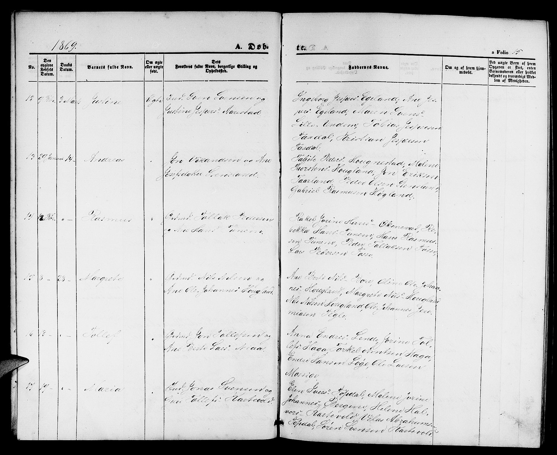 Lye sokneprestkontor, AV/SAST-A-101794/001/30BB/L0004: Parish register (copy) no. B 4, 1868-1878, p. 15