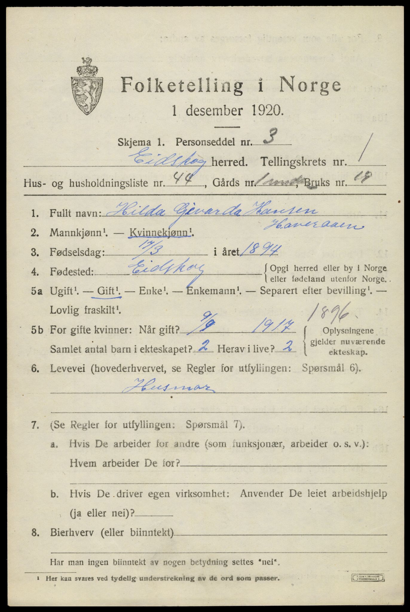 SAH, 1920 census for Eidskog, 1920, p. 2933