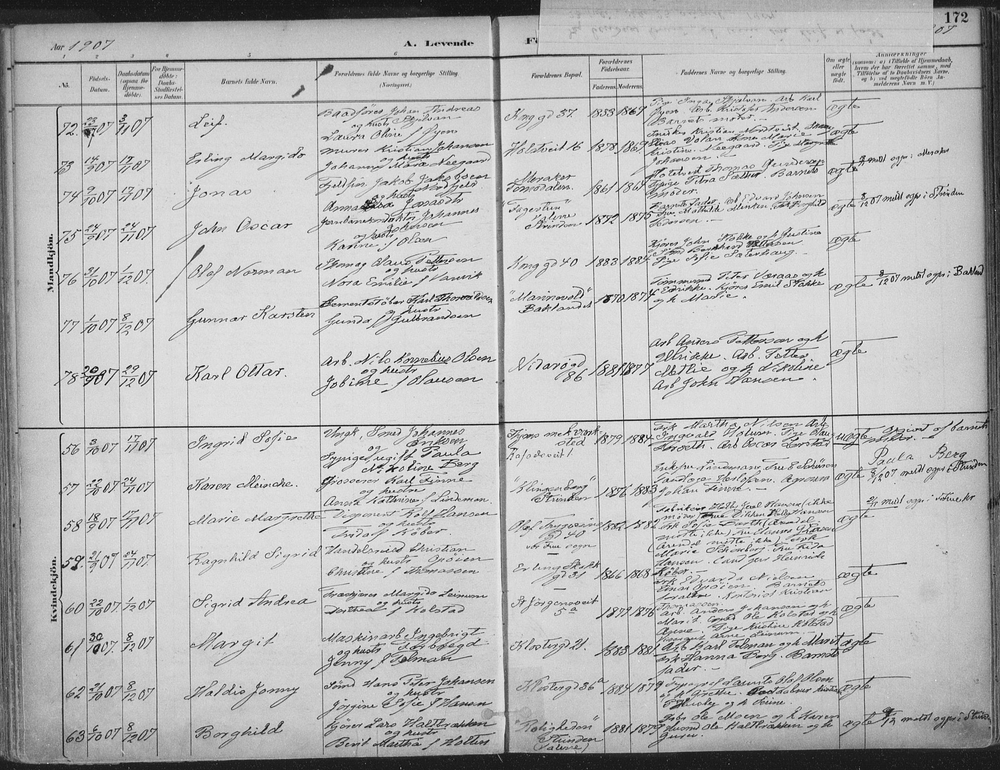 Ministerialprotokoller, klokkerbøker og fødselsregistre - Sør-Trøndelag, SAT/A-1456/601/L0062: Parish register (official) no. 601A30, 1891-1911, p. 172