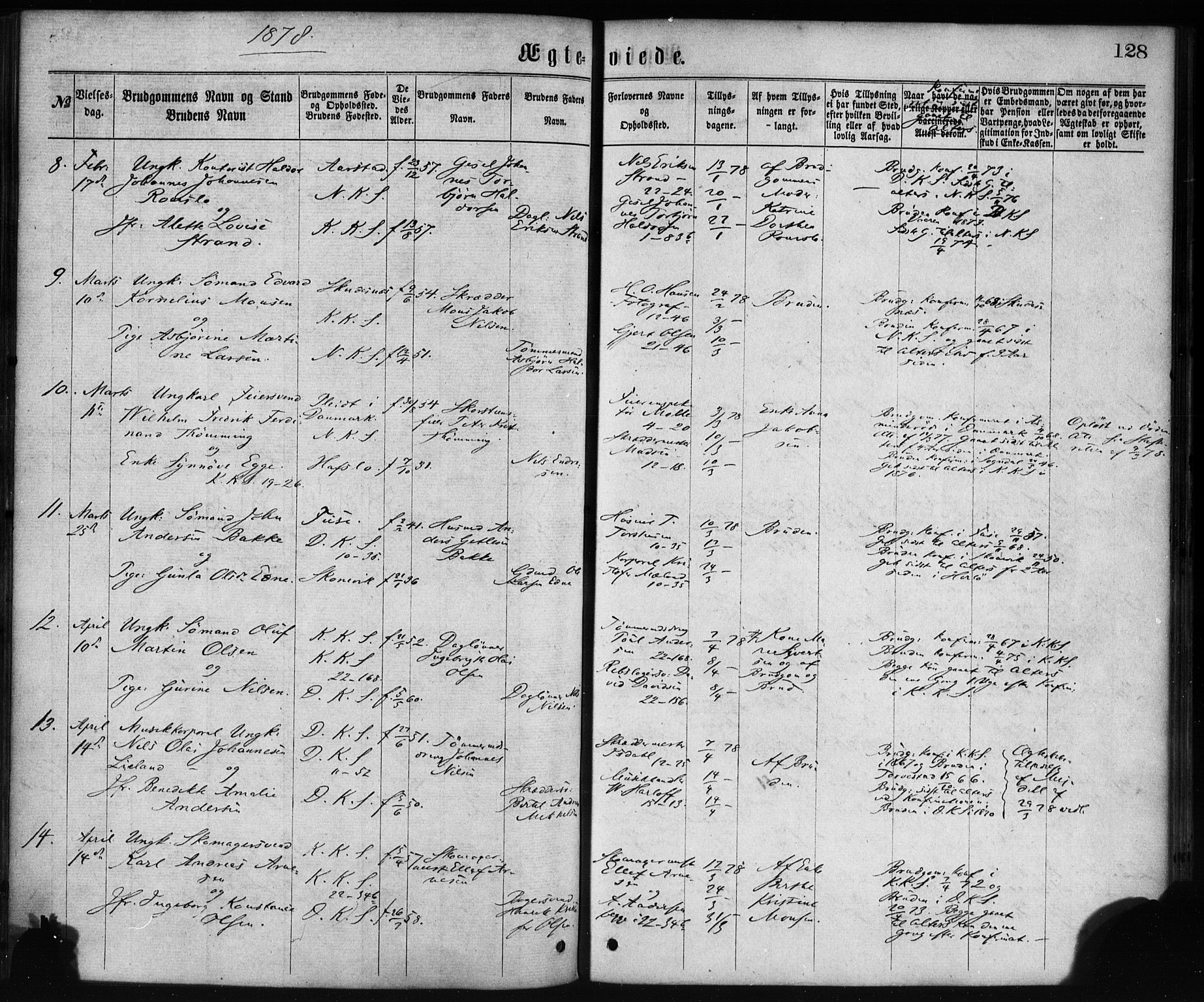 Korskirken sokneprestembete, AV/SAB-A-76101/H/Haa/L0036: Parish register (official) no. D 3, 1867-1882, p. 128