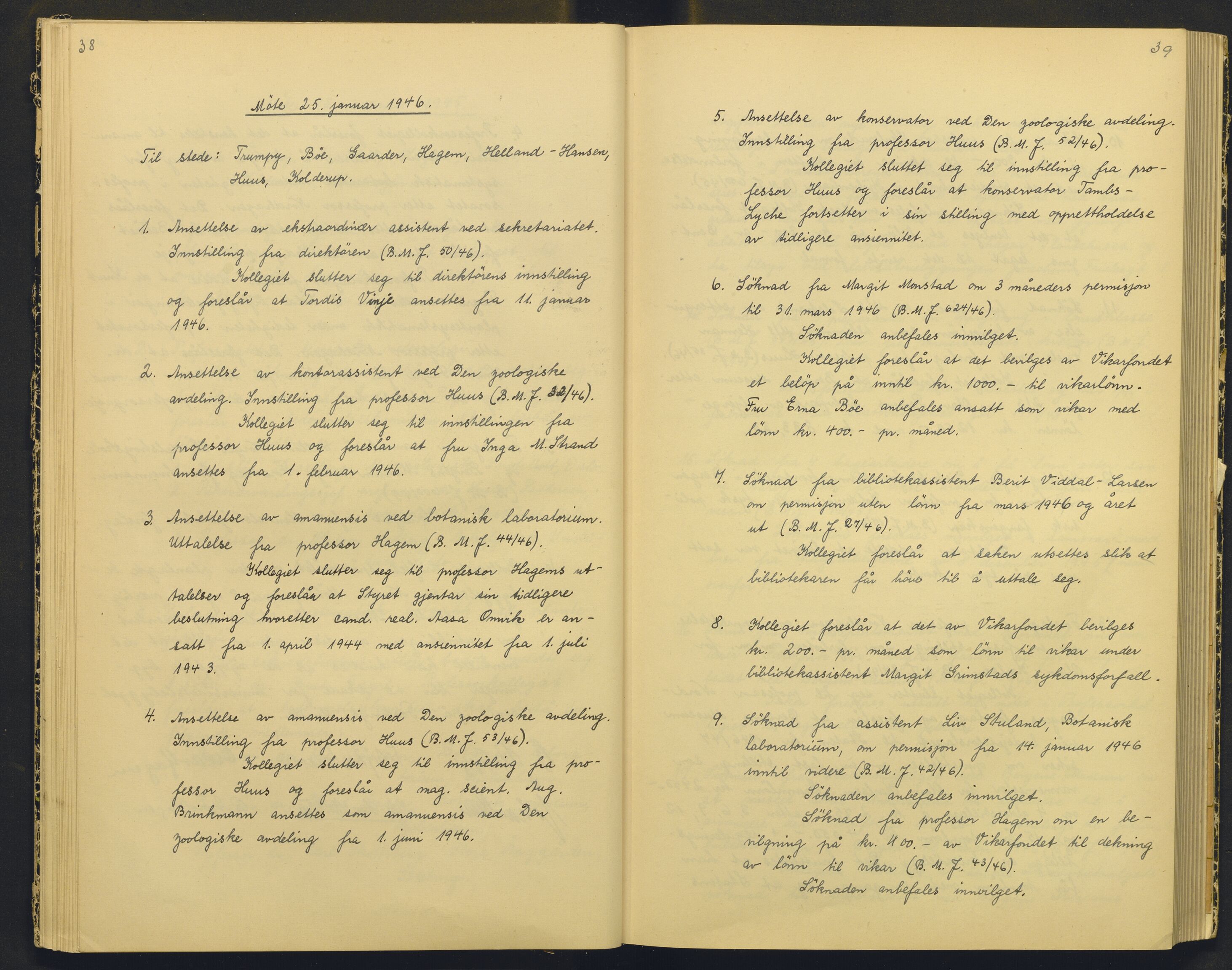 Bergens Museum, AV/SAB-A-17301/18/A/L0004: Professorkollegiets møtebok med register , 1945-1949, p. 38-39