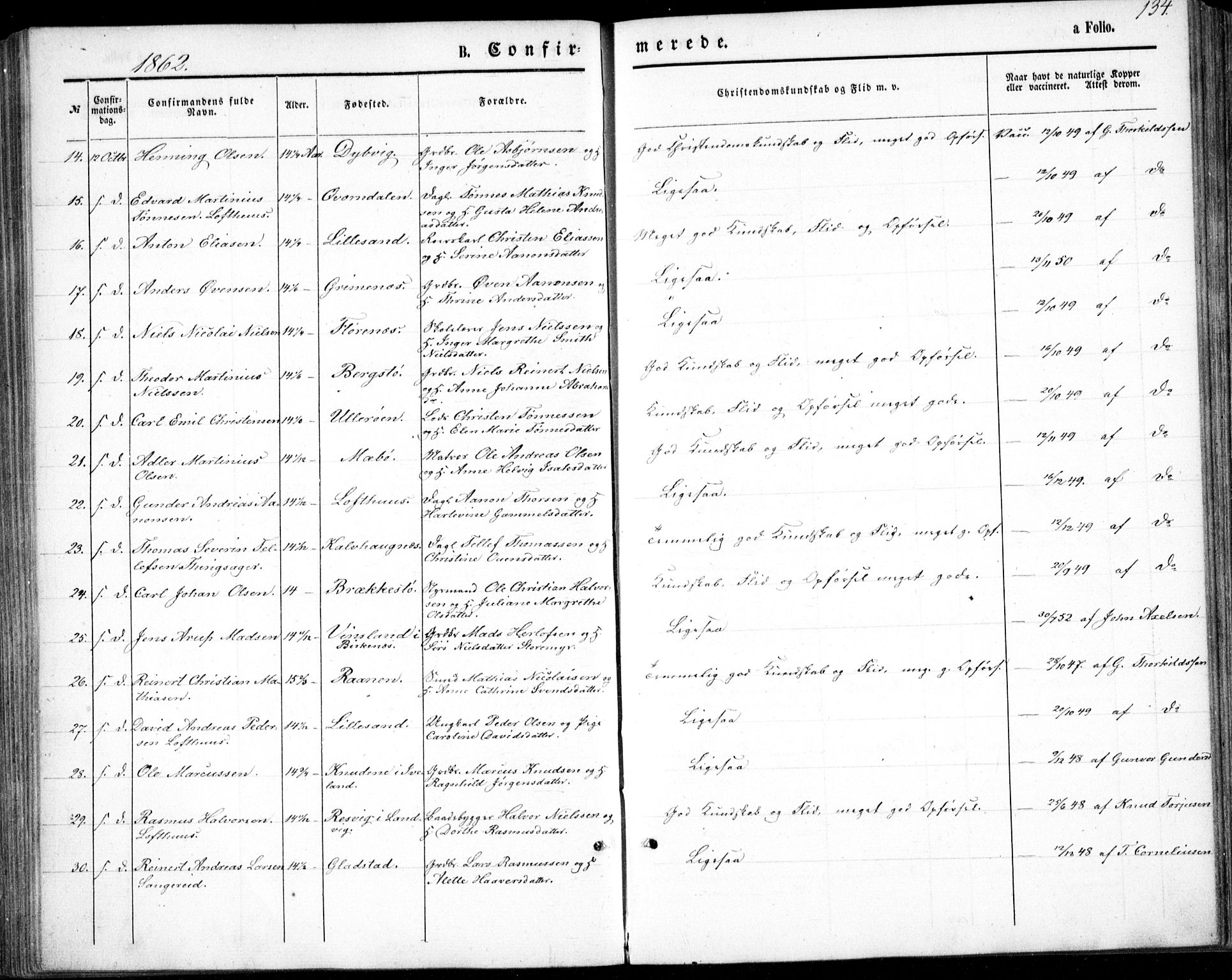 Vestre Moland sokneprestkontor, SAK/1111-0046/F/Fb/Fbb/L0004: Parish register (copy) no. B 4, 1861-1872, p. 134