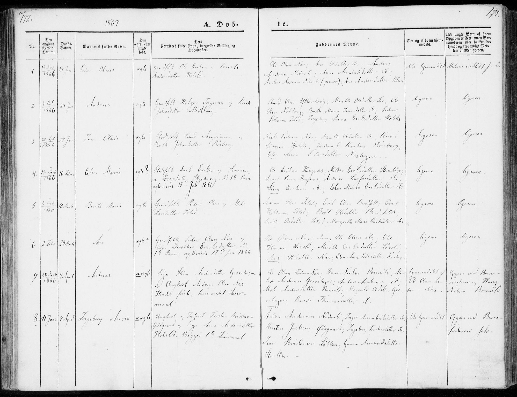 Ministerialprotokoller, klokkerbøker og fødselsregistre - Møre og Romsdal, SAT/A-1454/557/L0680: Parish register (official) no. 557A02, 1843-1869, p. 172-173