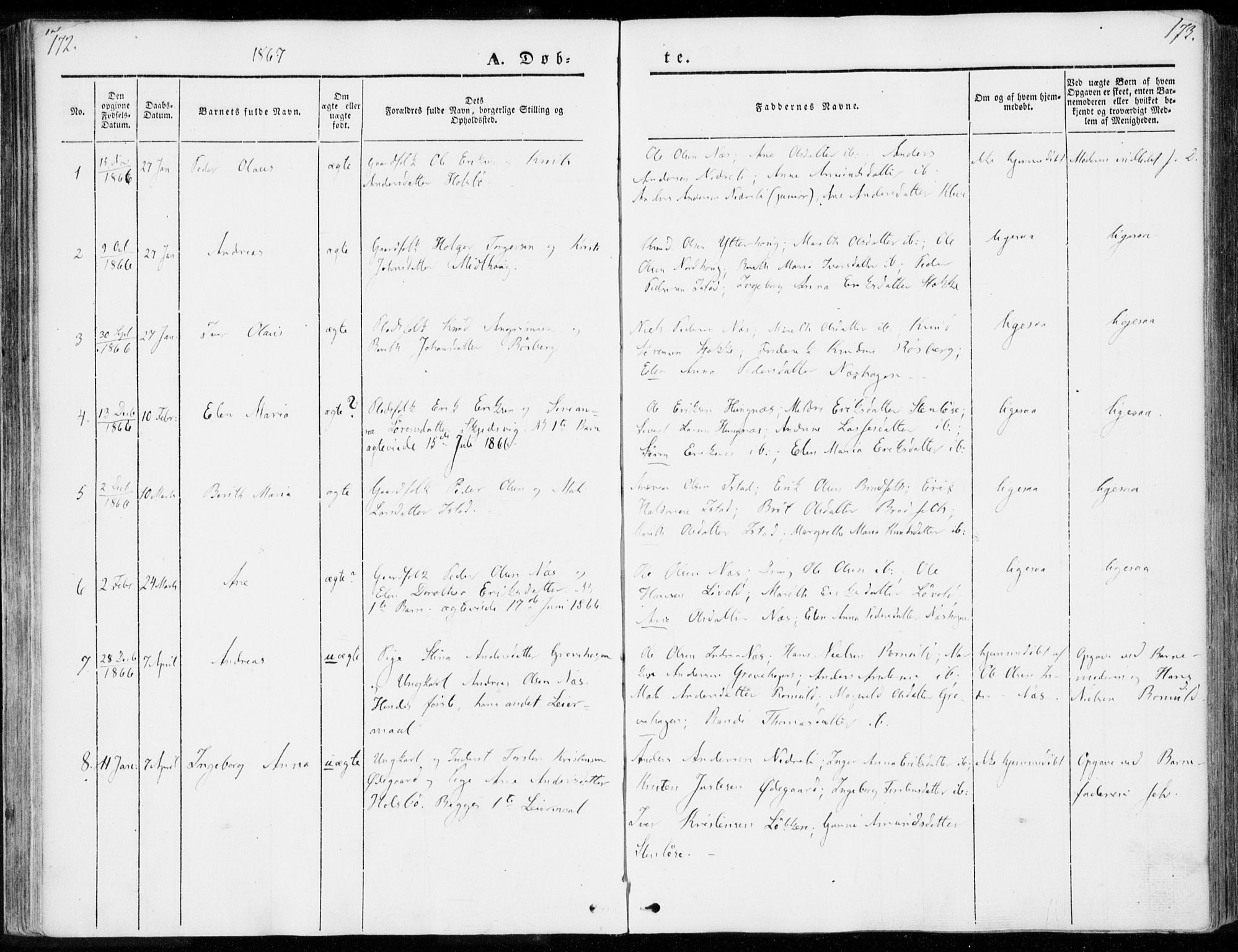 Ministerialprotokoller, klokkerbøker og fødselsregistre - Møre og Romsdal, AV/SAT-A-1454/557/L0680: Parish register (official) no. 557A02, 1843-1869, p. 172-173