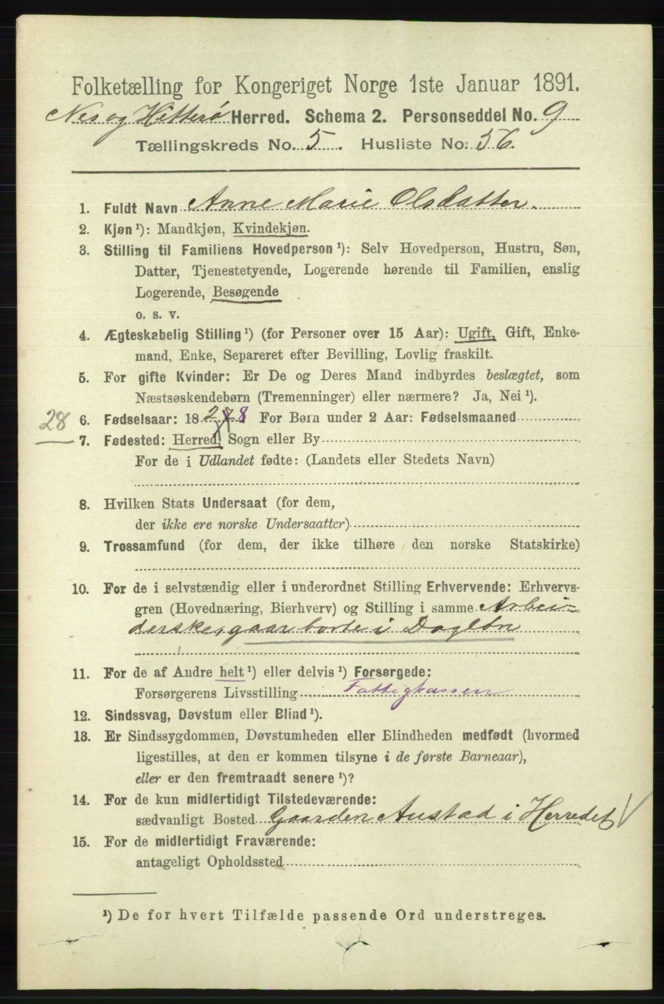 RA, 1891 census for 1043 Hidra og Nes, 1891, p. 2148