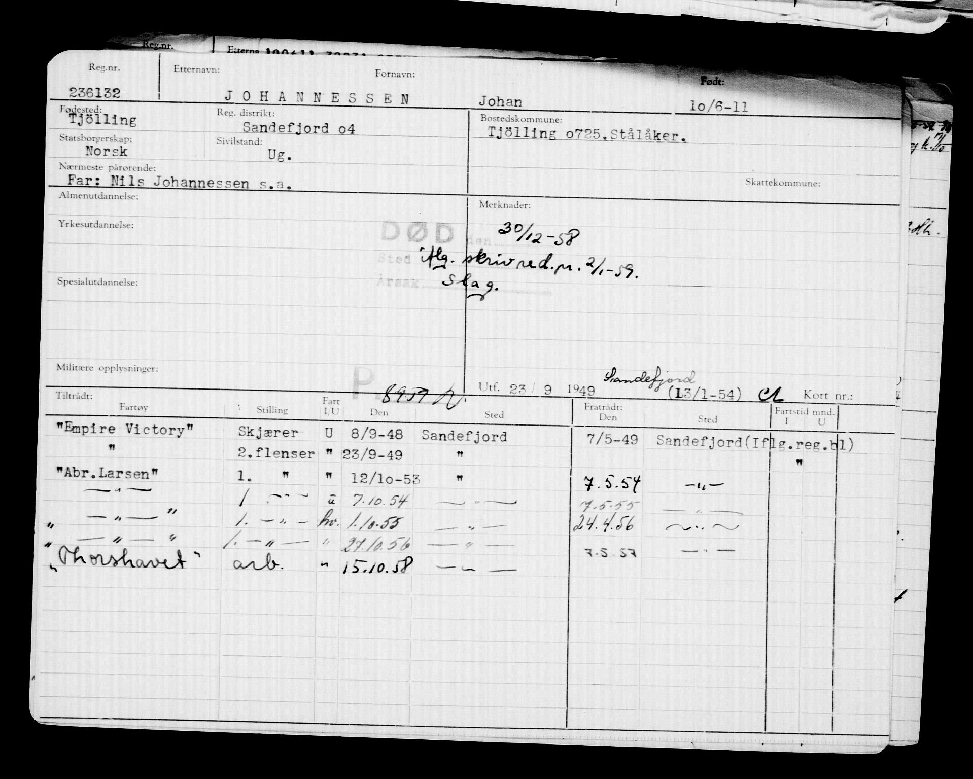 Direktoratet for sjømenn, AV/RA-S-3545/G/Gb/L0097: Hovedkort, 1911, p. 136