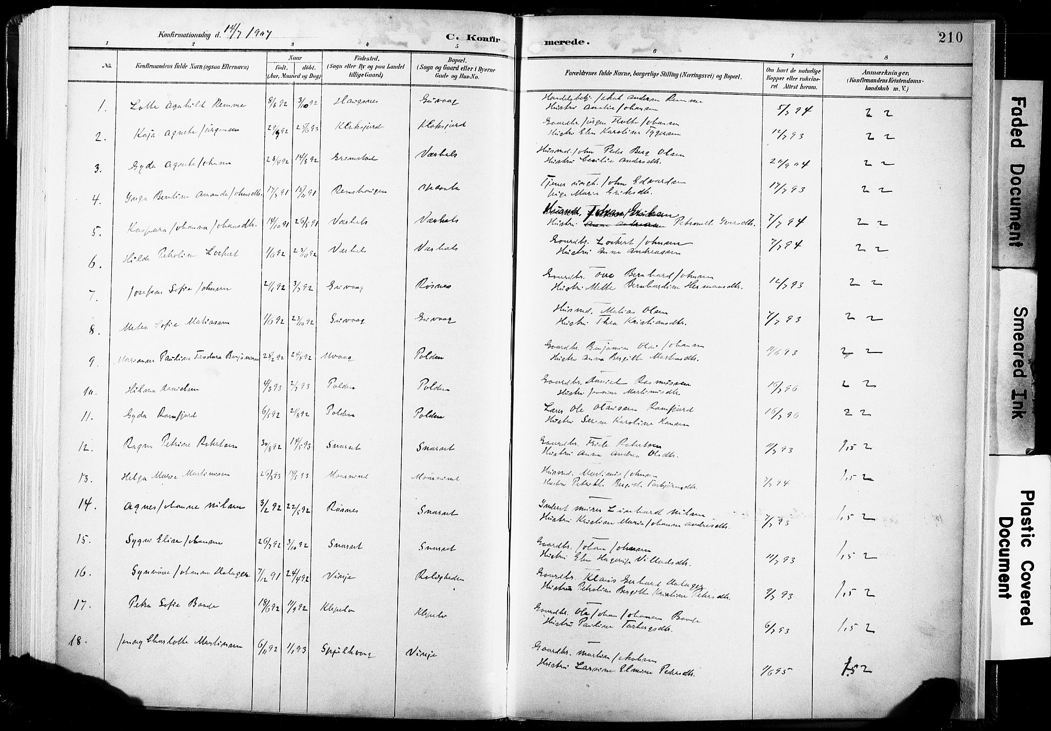 Ministerialprotokoller, klokkerbøker og fødselsregistre - Nordland, SAT/A-1459/891/L1304: Parish register (official) no. 891A09, 1895-1921, p. 210