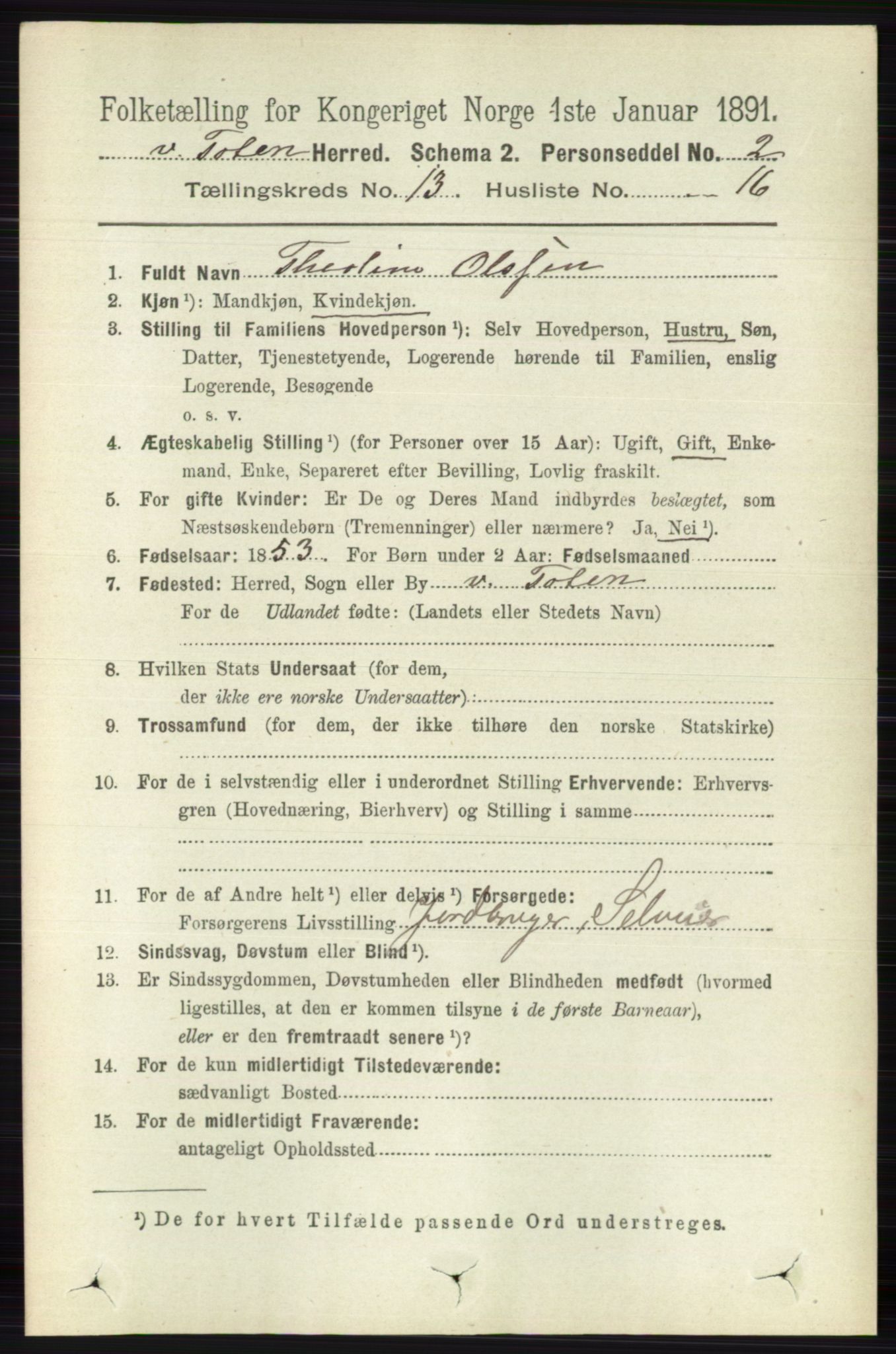RA, 1891 census for 0529 Vestre Toten, 1891, p. 7884