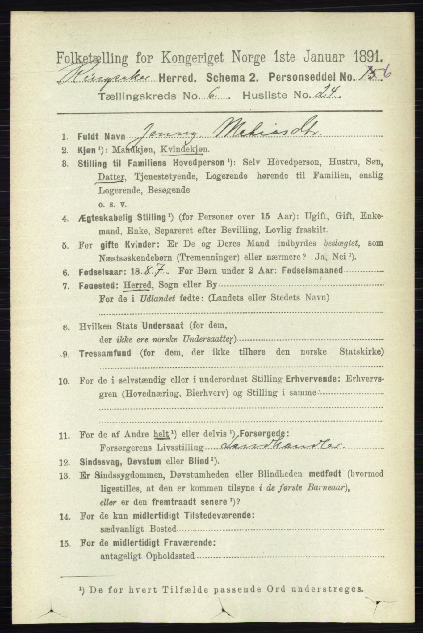 RA, 1891 census for 0412 Ringsaker, 1891, p. 3321