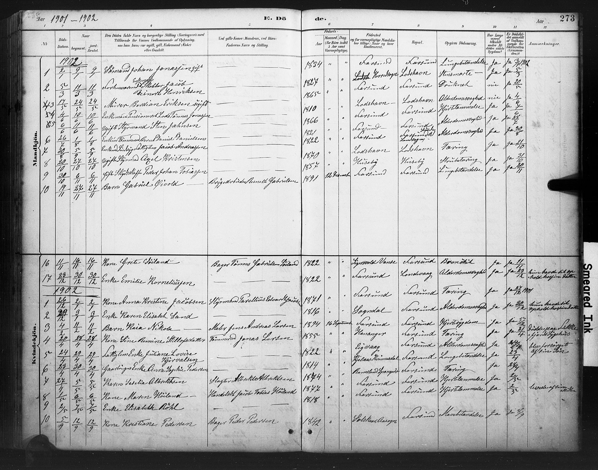 Farsund sokneprestkontor, AV/SAK-1111-0009/F/Fb/L0001: Parish register (copy) no. B 1, 1886-1931, p. 273