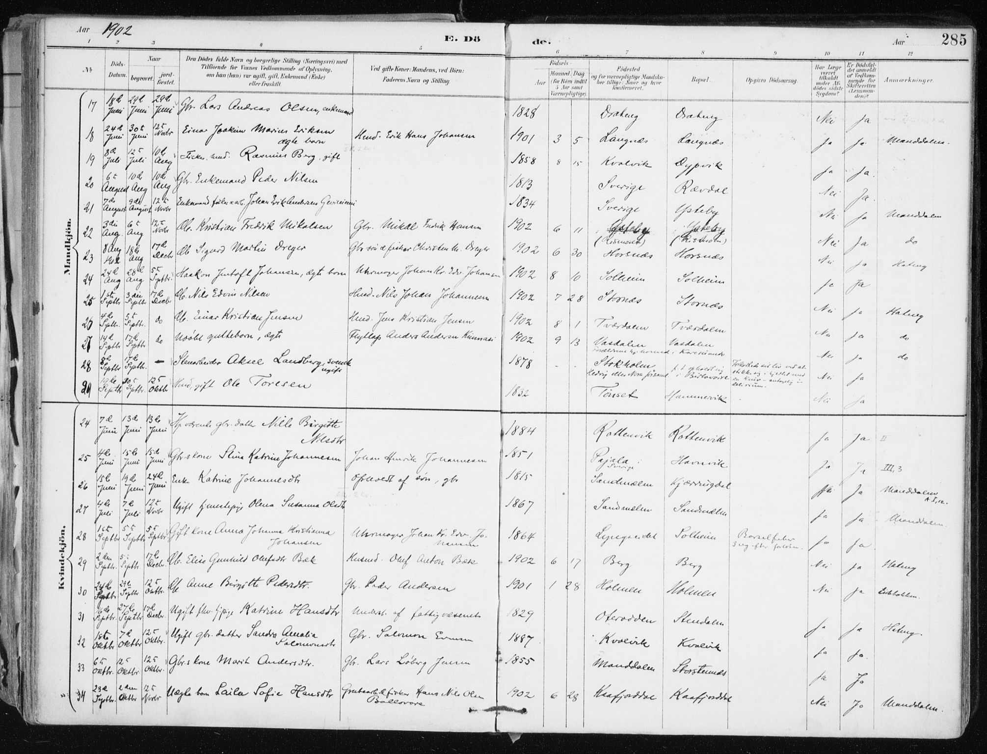 Lyngen sokneprestembete, AV/SATØ-S-1289/H/He/Hea/L0008kirke: Parish register (official) no. 8, 1891-1902, p. 285