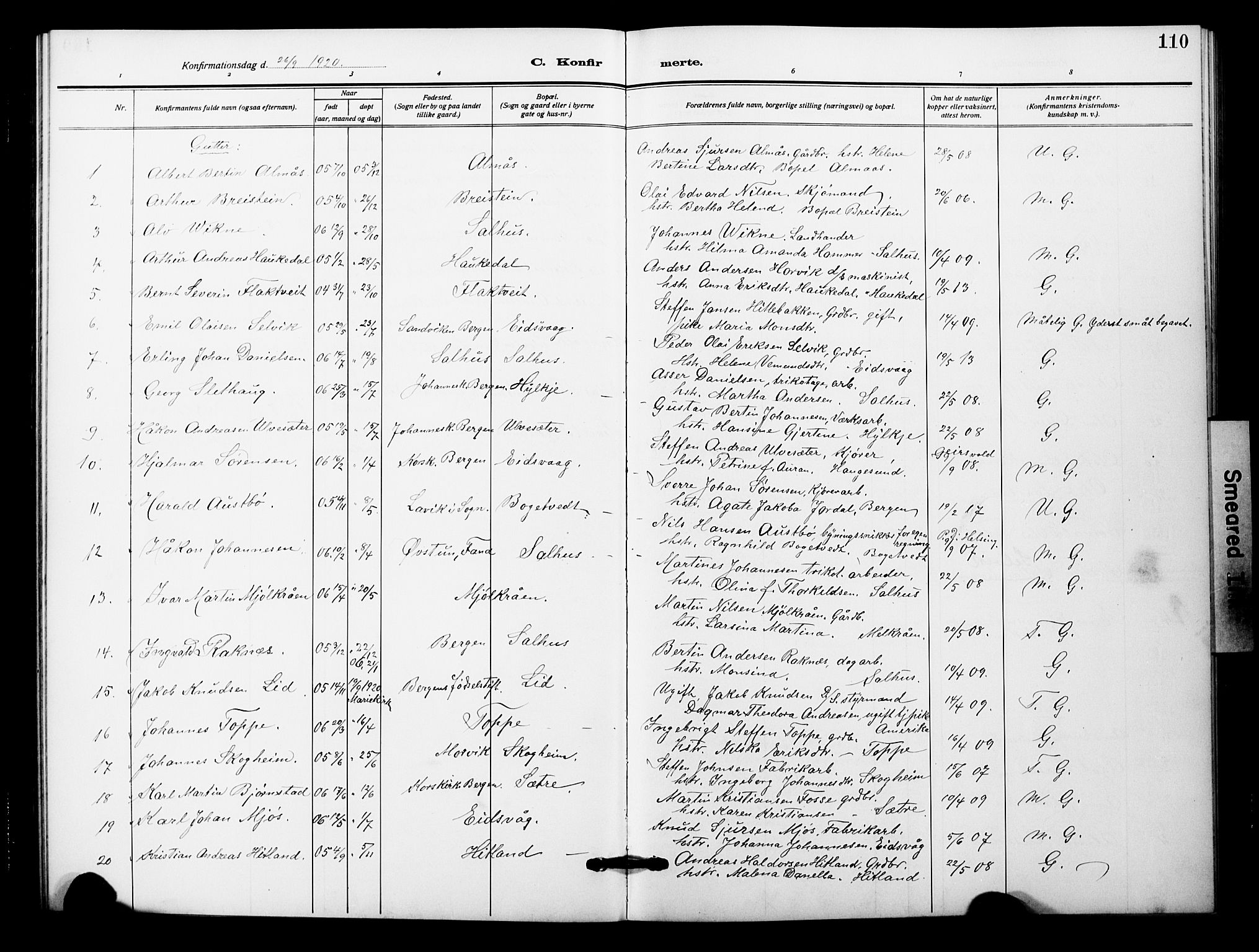 Åsane sokneprestembete, SAB/A-79401/H/Hab: Parish register (copy) no. A 4, 1915-1927, p. 110