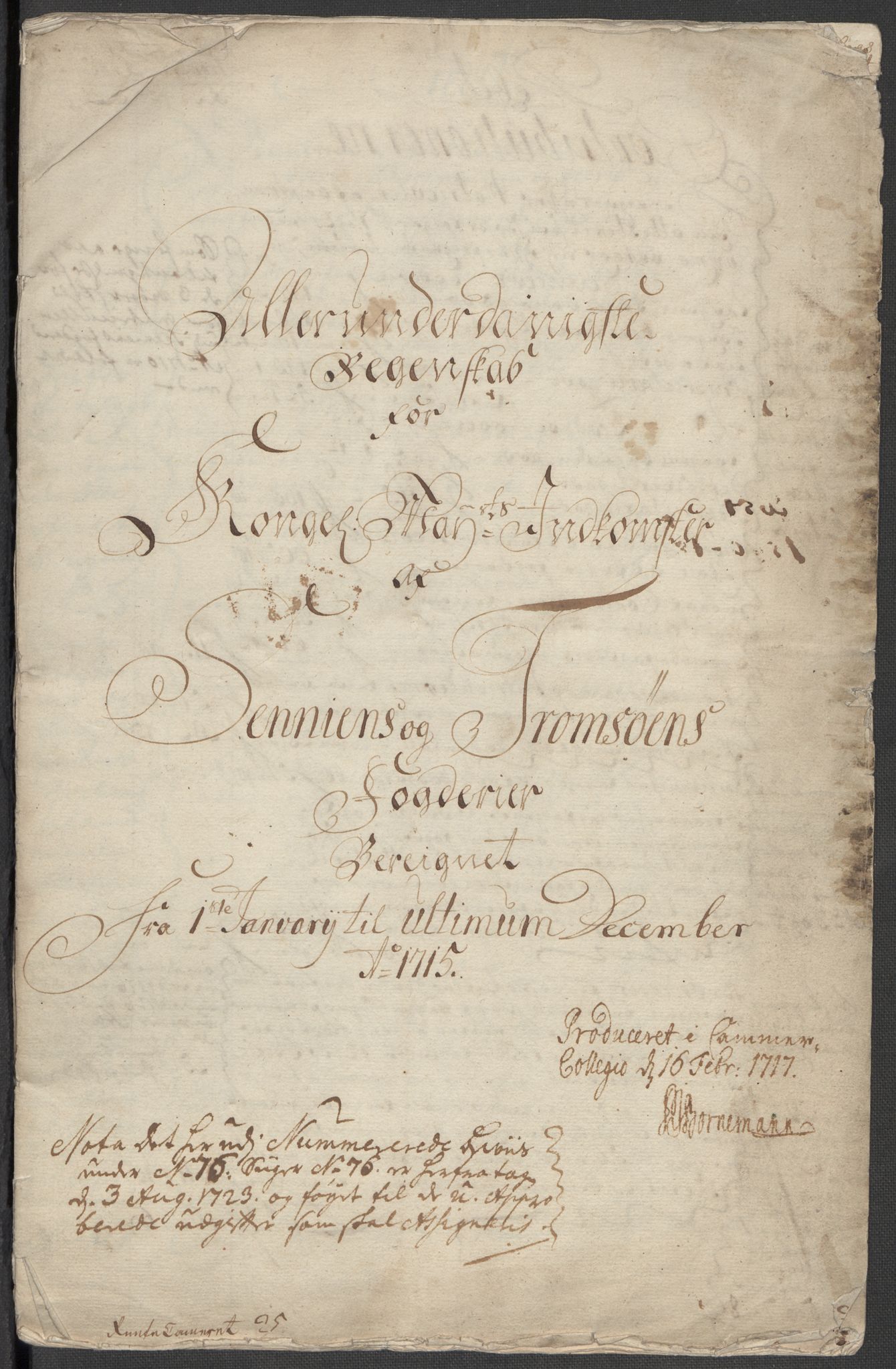 Rentekammeret inntil 1814, Reviderte regnskaper, Fogderegnskap, RA/EA-4092/R68/L4761: Fogderegnskap Senja og Troms, 1715, p. 4