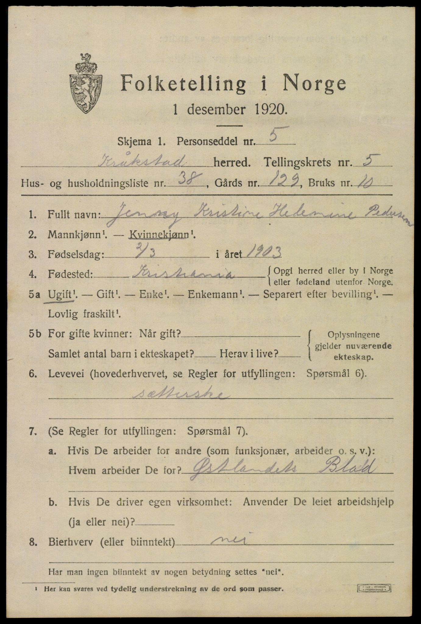 SAO, 1920 census for Kråkstad, 1920, p. 5409