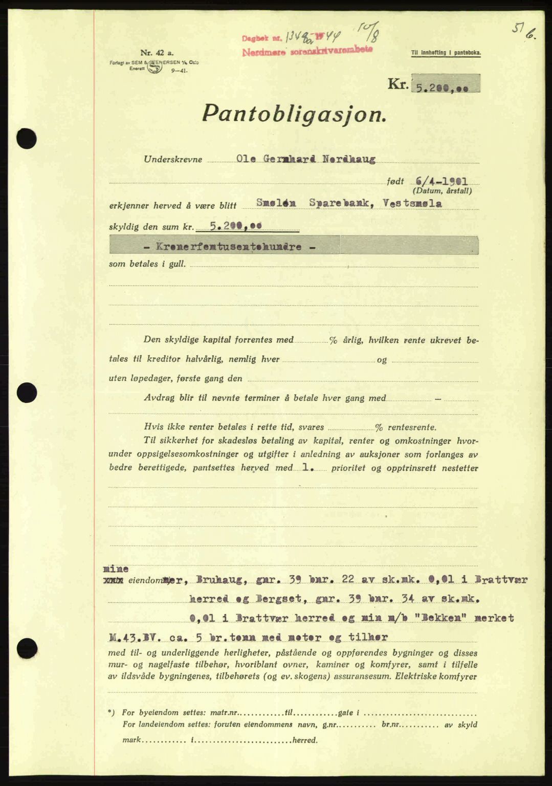 Nordmøre sorenskriveri, AV/SAT-A-4132/1/2/2Ca: Mortgage book no. B92, 1944-1945, Diary no: : 1348/1944