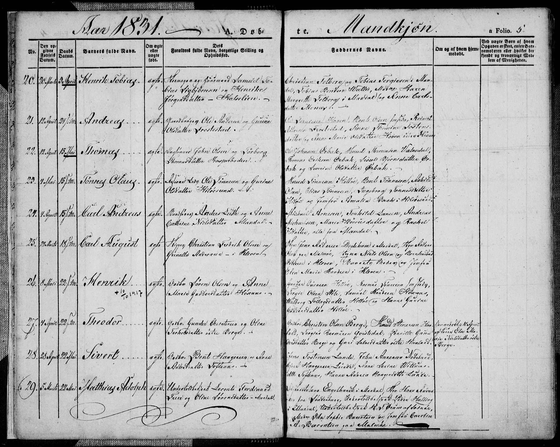 Mandal sokneprestkontor, AV/SAK-1111-0030/F/Fa/Faa/L0011: Parish register (official) no. A 11, 1830-1839, p. 5
