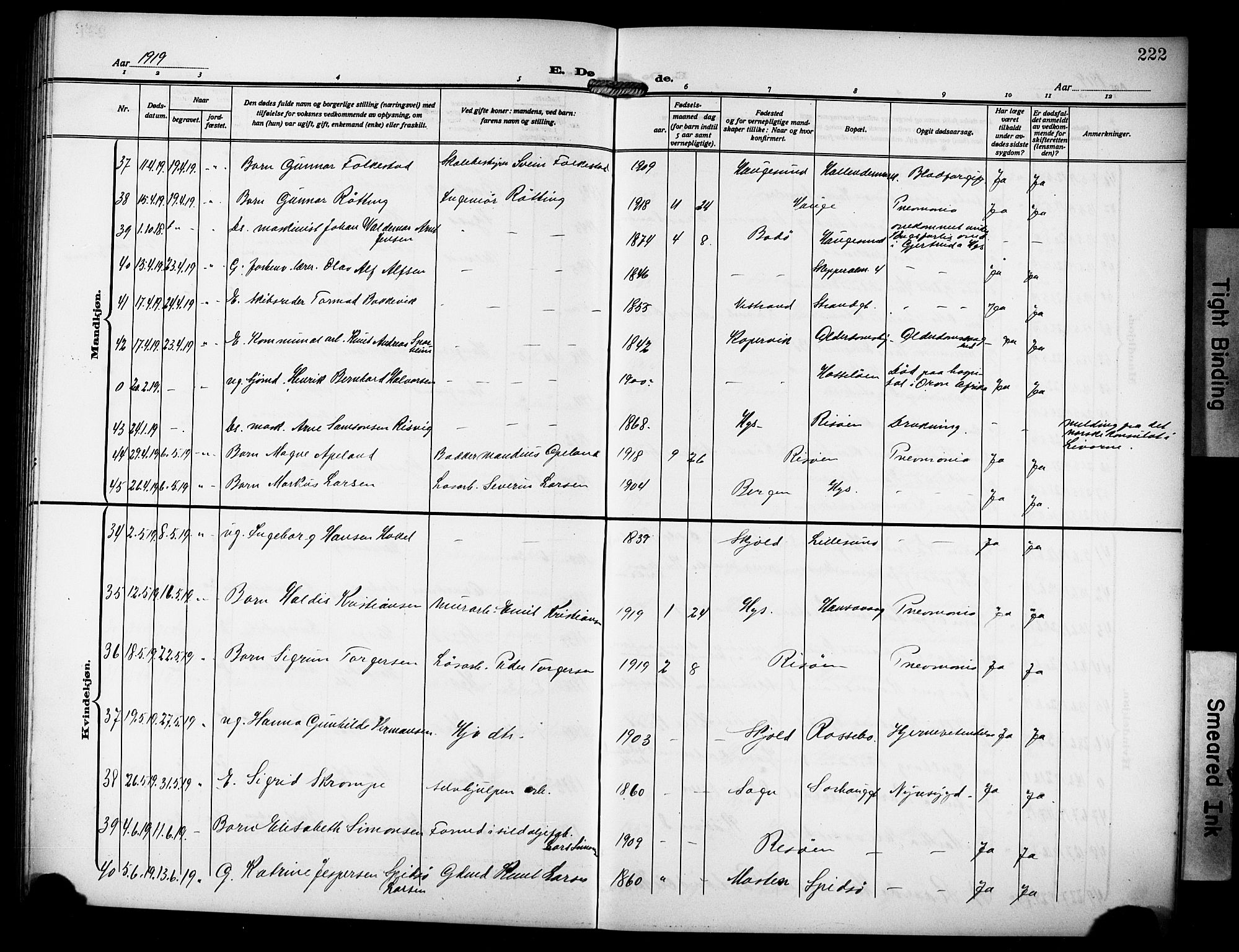 Haugesund sokneprestkontor, AV/SAST-A -101863/H/Ha/Hab/L0008: Parish register (copy) no. B 8, 1909-1921, p. 222