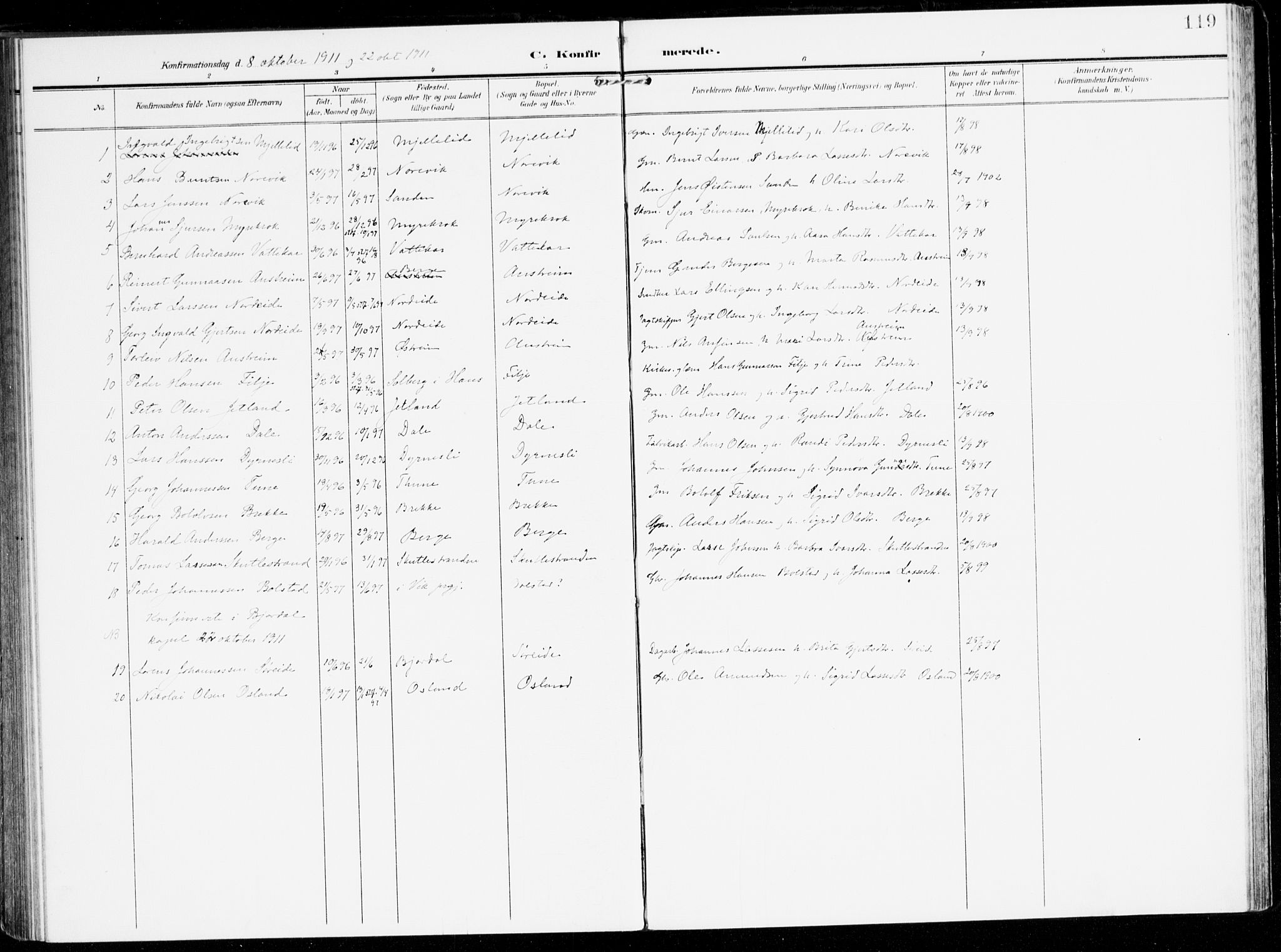 Lavik sokneprestembete, AV/SAB-A-80901: Parish register (official) no. C 2, 1904-1921, p. 119