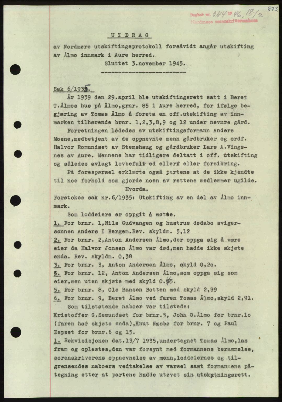 Nordmøre sorenskriveri, AV/SAT-A-4132/1/2/2Ca: Mortgage book no. A100b, 1946-1946, Diary no: : 244/1946