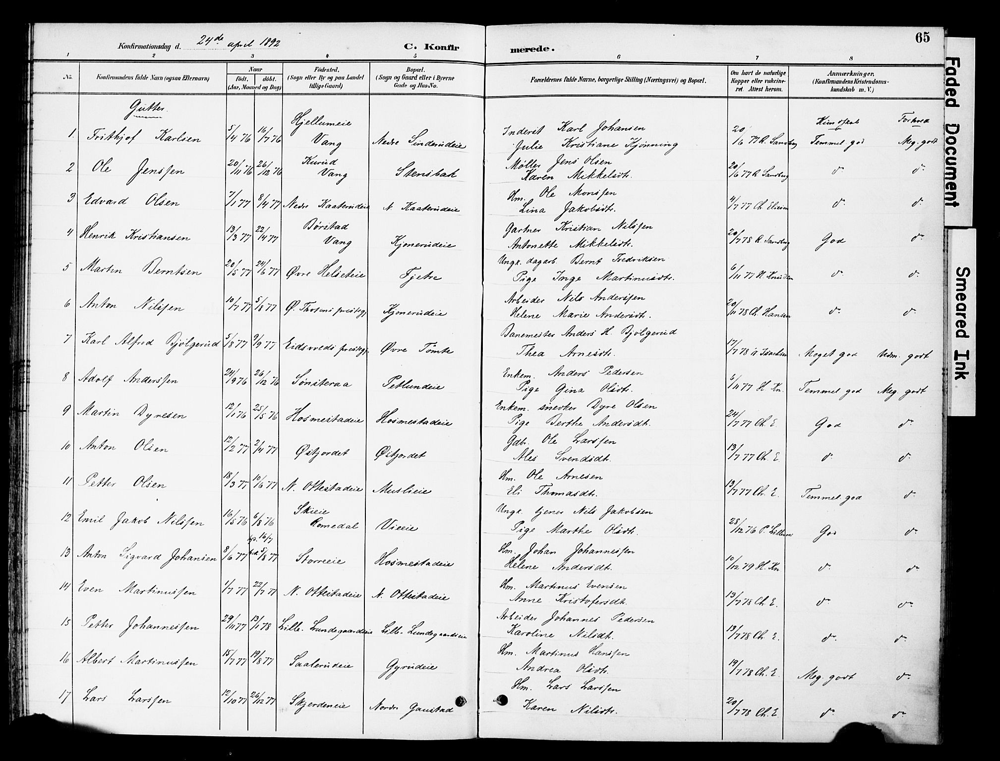 Stange prestekontor, SAH/PREST-002/K/L0021: Parish register (official) no. 21, 1891-1902, p. 65
