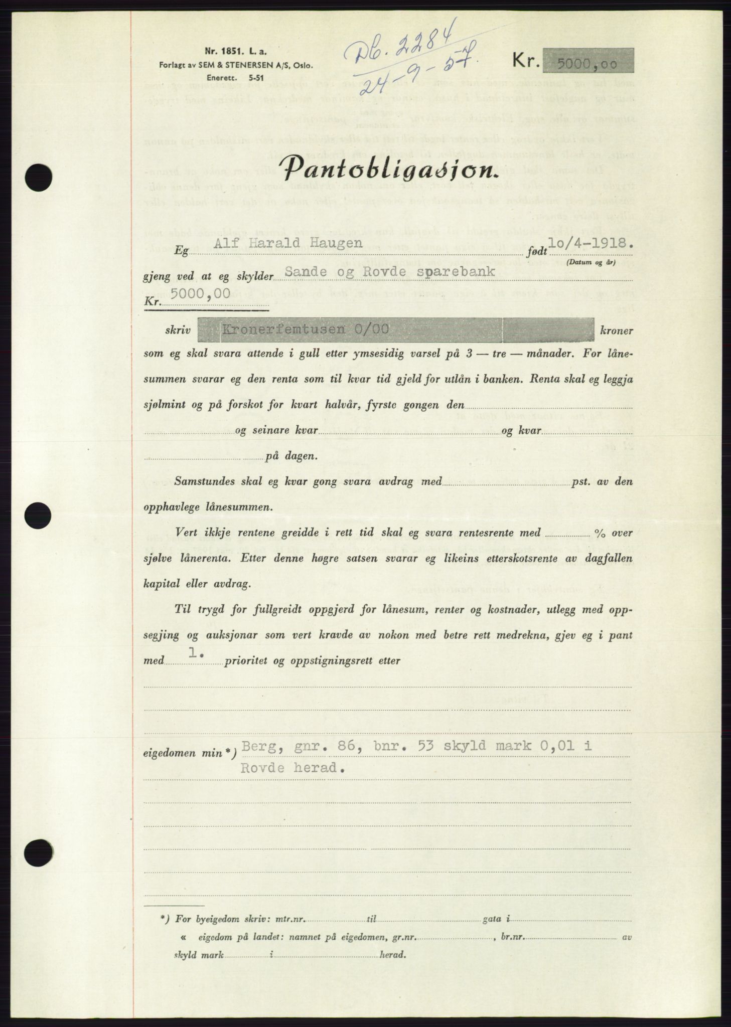 Søre Sunnmøre sorenskriveri, AV/SAT-A-4122/1/2/2C/L0130: Mortgage book no. 18B, 1957-1958, Diary no: : 2284/1957