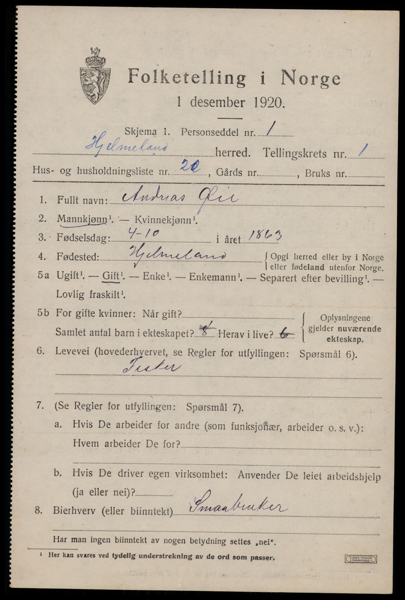 SAST, 1920 census for Hjelmeland, 1920, p. 1061