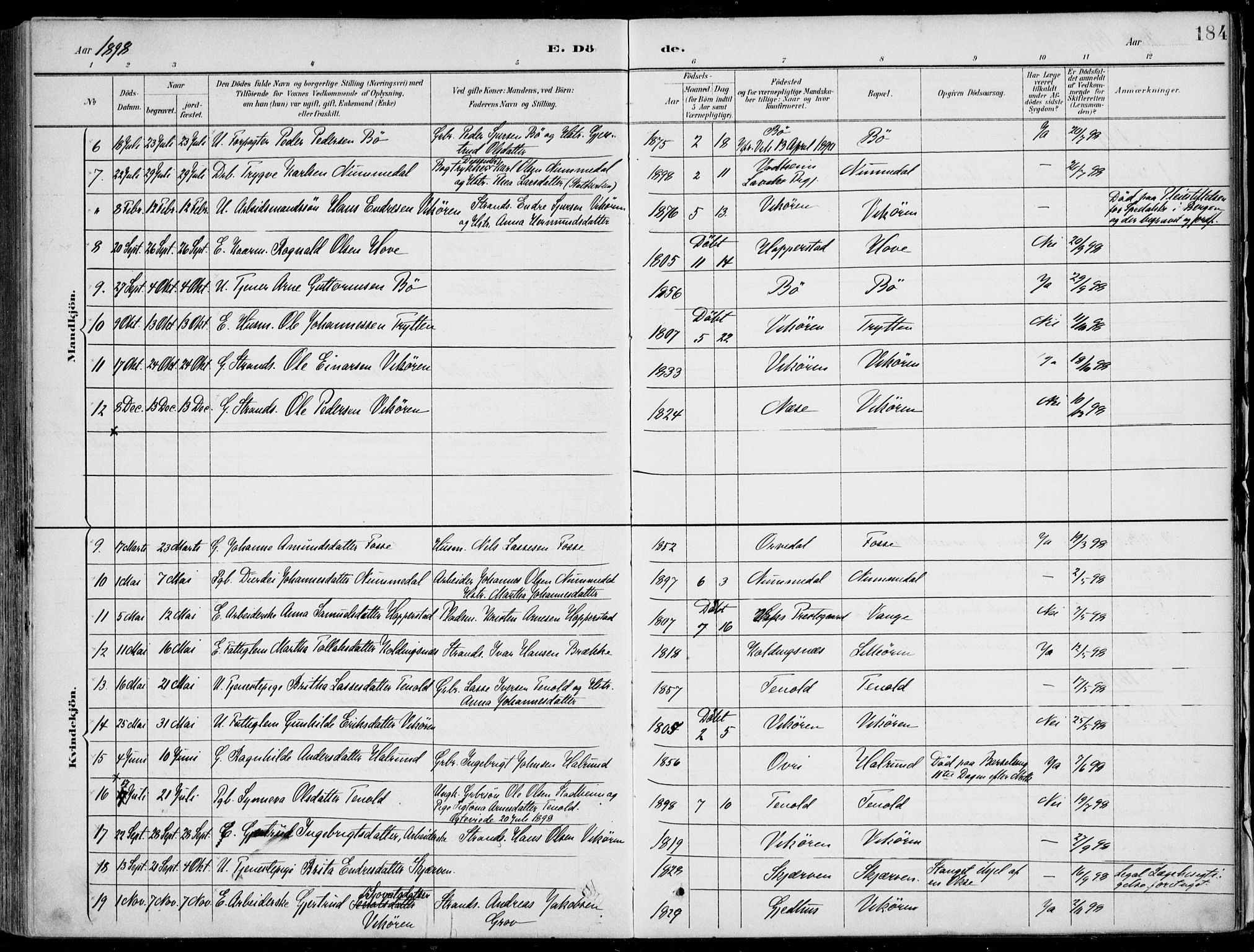 Vik sokneprestembete, AV/SAB-A-81501/H/Haa/Haab/L0002: Parish register (official) no. B  2, 1891-1907, p. 184