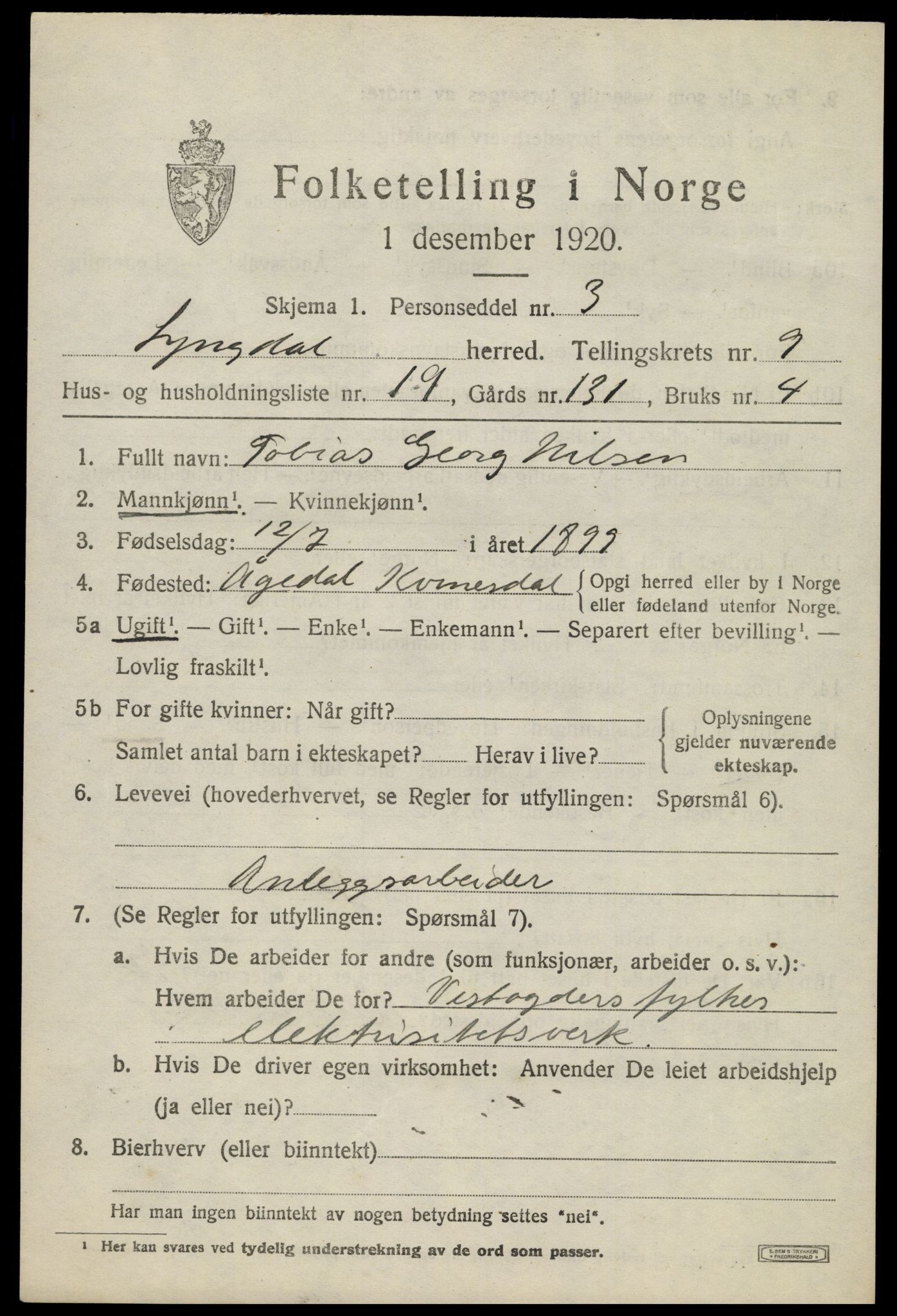 SAK, 1920 census for Lyngdal, 1920, p. 4809