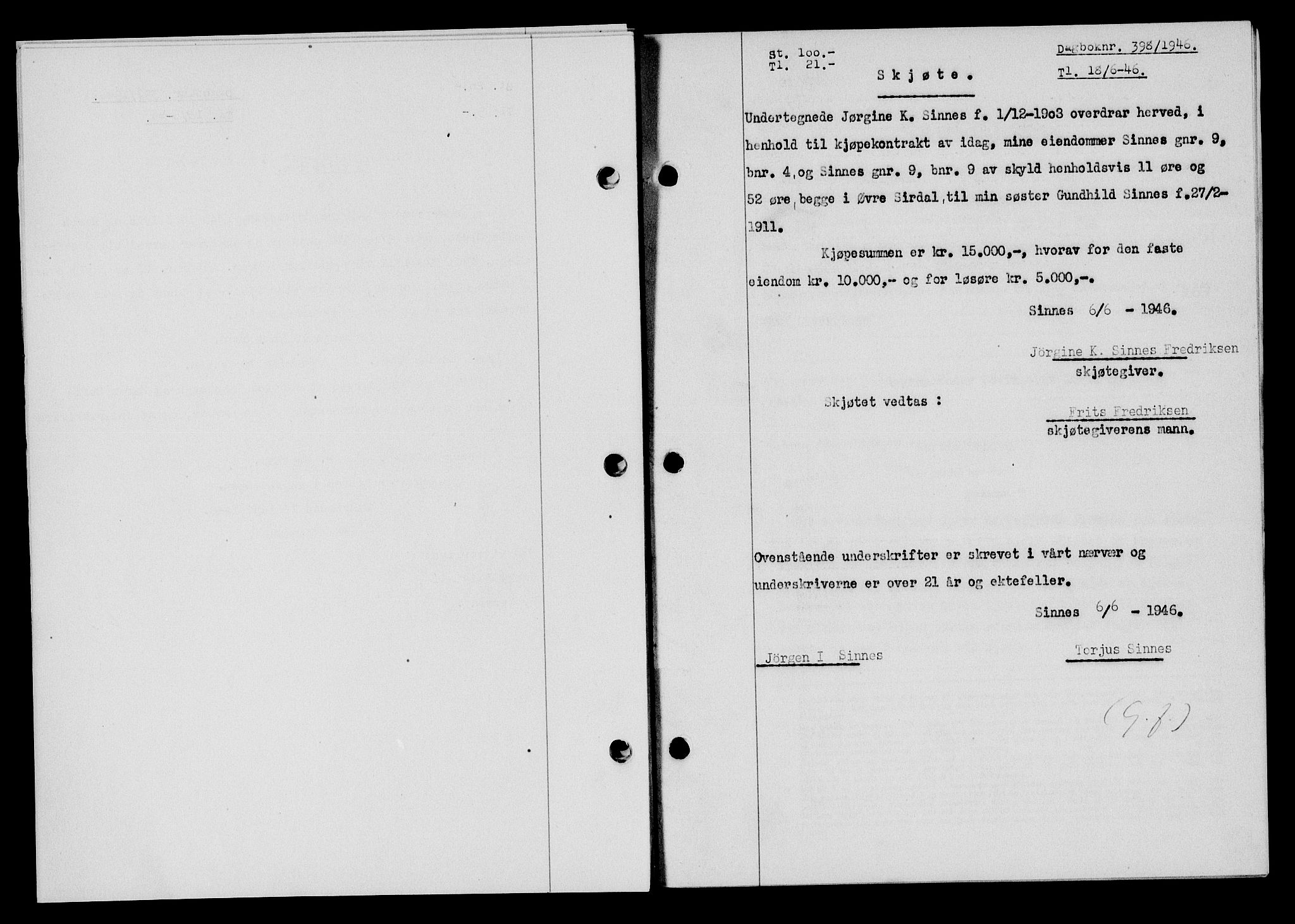 Flekkefjord sorenskriveri, AV/SAK-1221-0001/G/Gb/Gba/L0060: Mortgage book no. A-8, 1945-1946, Diary no: : 398/1946