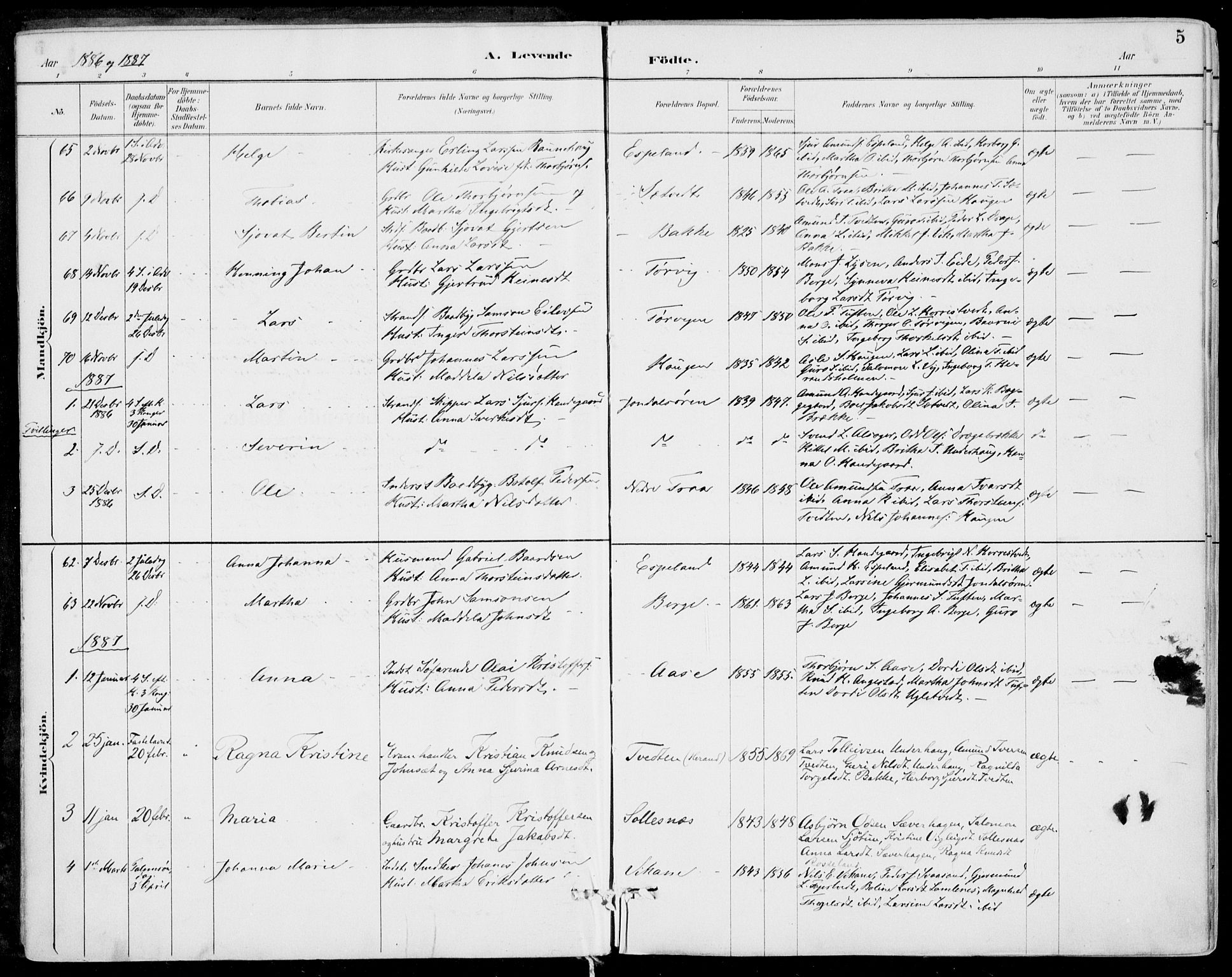 Strandebarm sokneprestembete, SAB/A-78401/H/Haa: Parish register (official) no. E  1, 1886-1908, p. 5