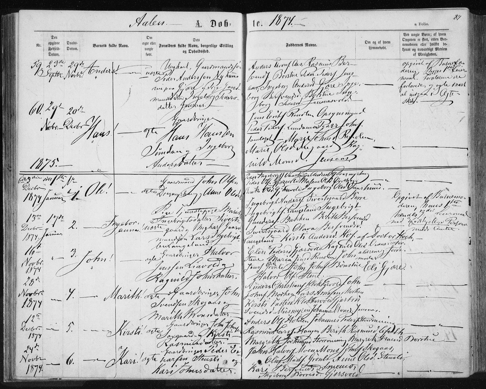 Ministerialprotokoller, klokkerbøker og fødselsregistre - Sør-Trøndelag, SAT/A-1456/685/L0971: Parish register (official) no. 685A08 /3, 1870-1879, p. 84