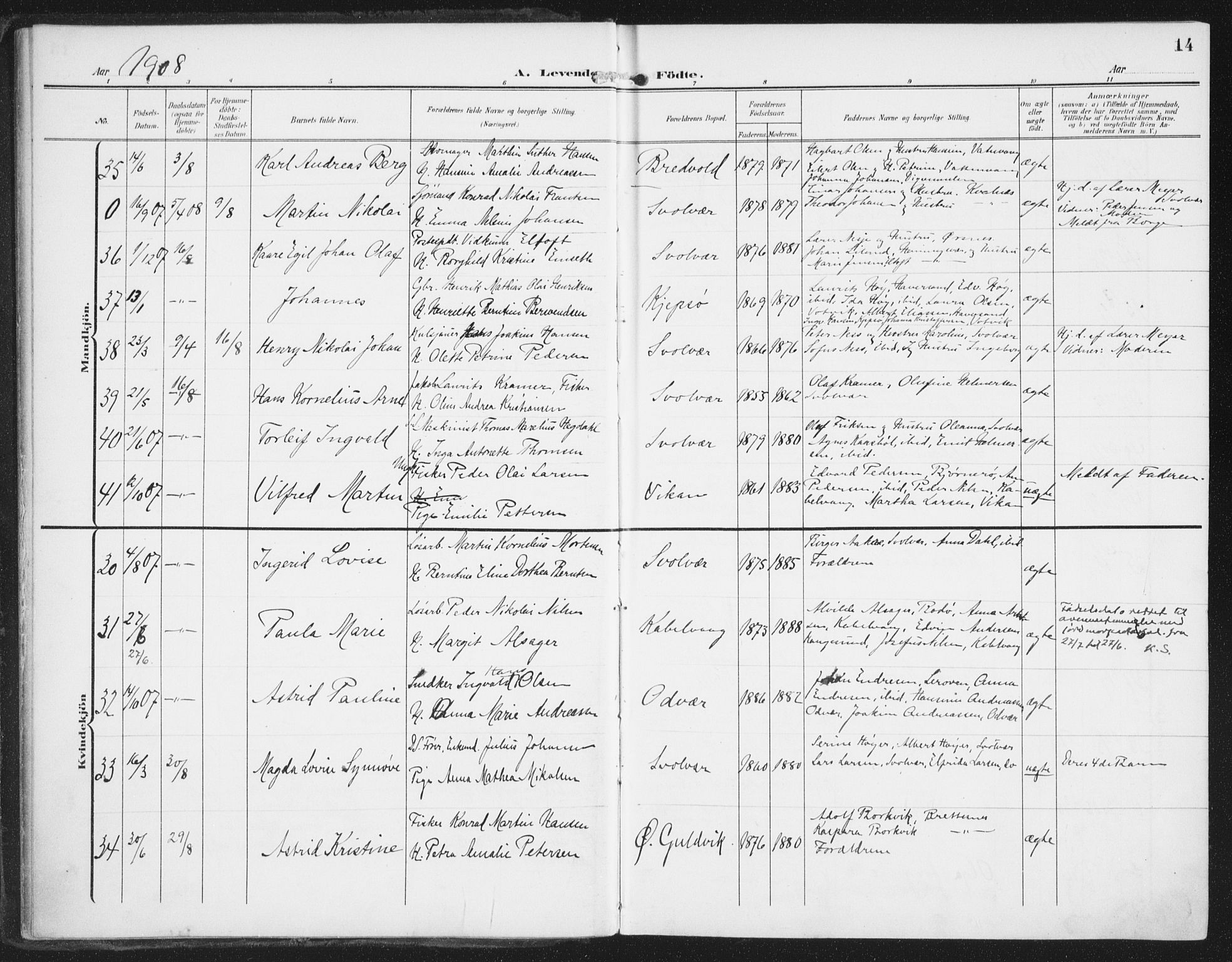 Ministerialprotokoller, klokkerbøker og fødselsregistre - Nordland, AV/SAT-A-1459/874/L1063: Parish register (official) no. 874A07, 1907-1915, p. 14