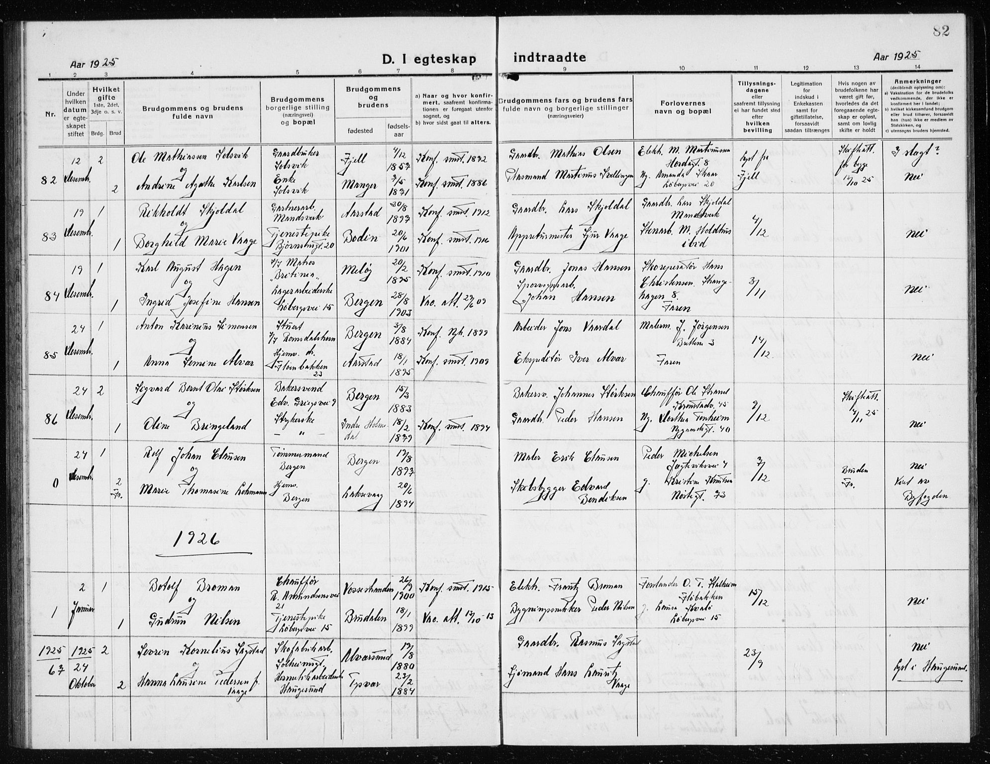 Årstad Sokneprestembete, SAB/A-79301/H/Hab/L0020: Parish register (copy) no. C  2, 1920-1935, p. 82