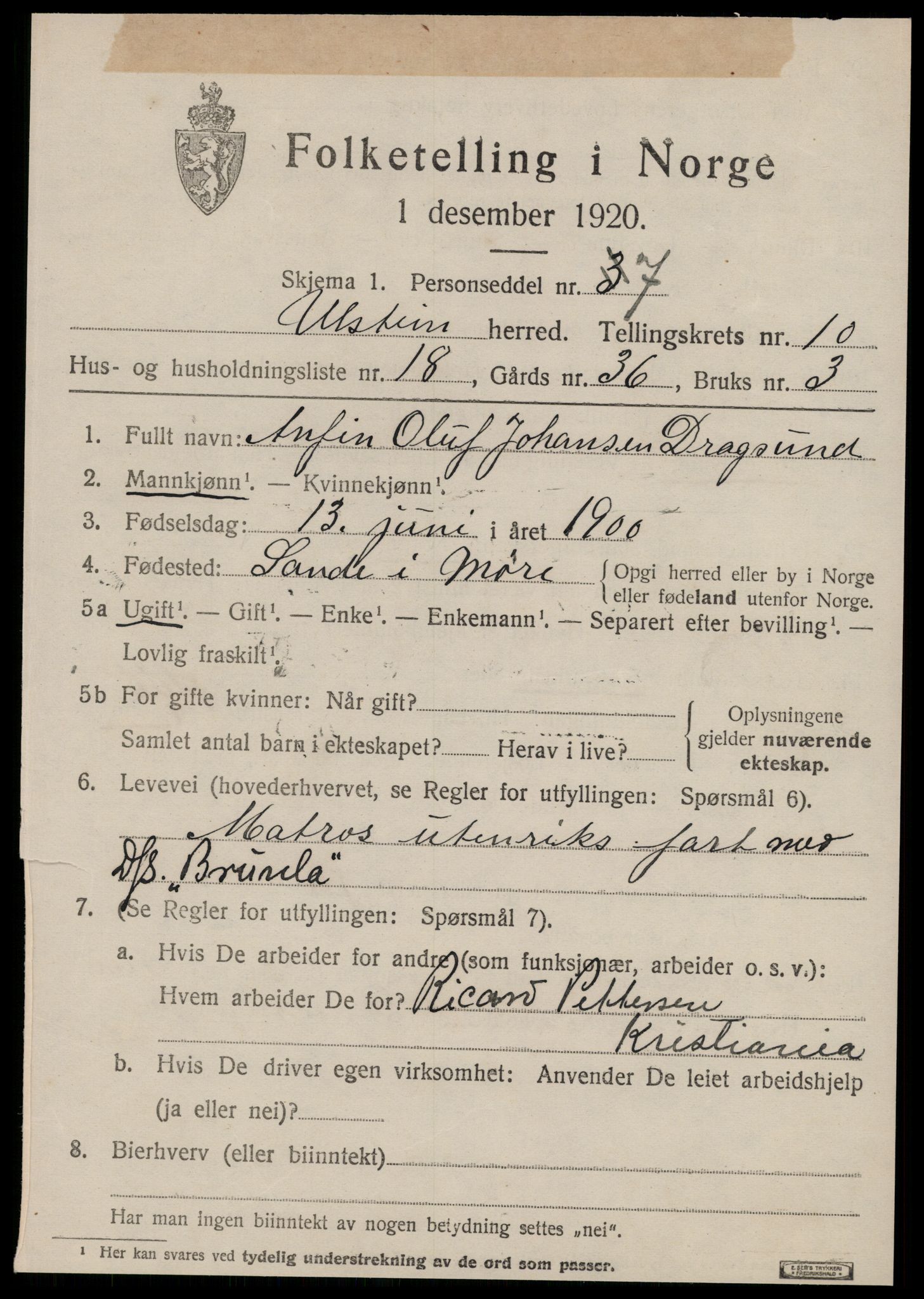 SAT, 1920 census for Ulstein, 1920, p. 5590