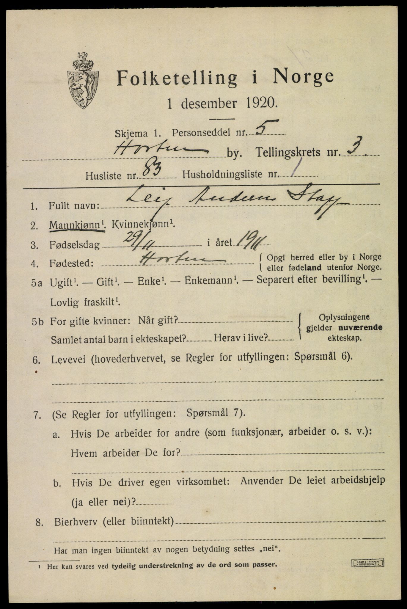 SAKO, 1920 census for Horten, 1920, p. 14615