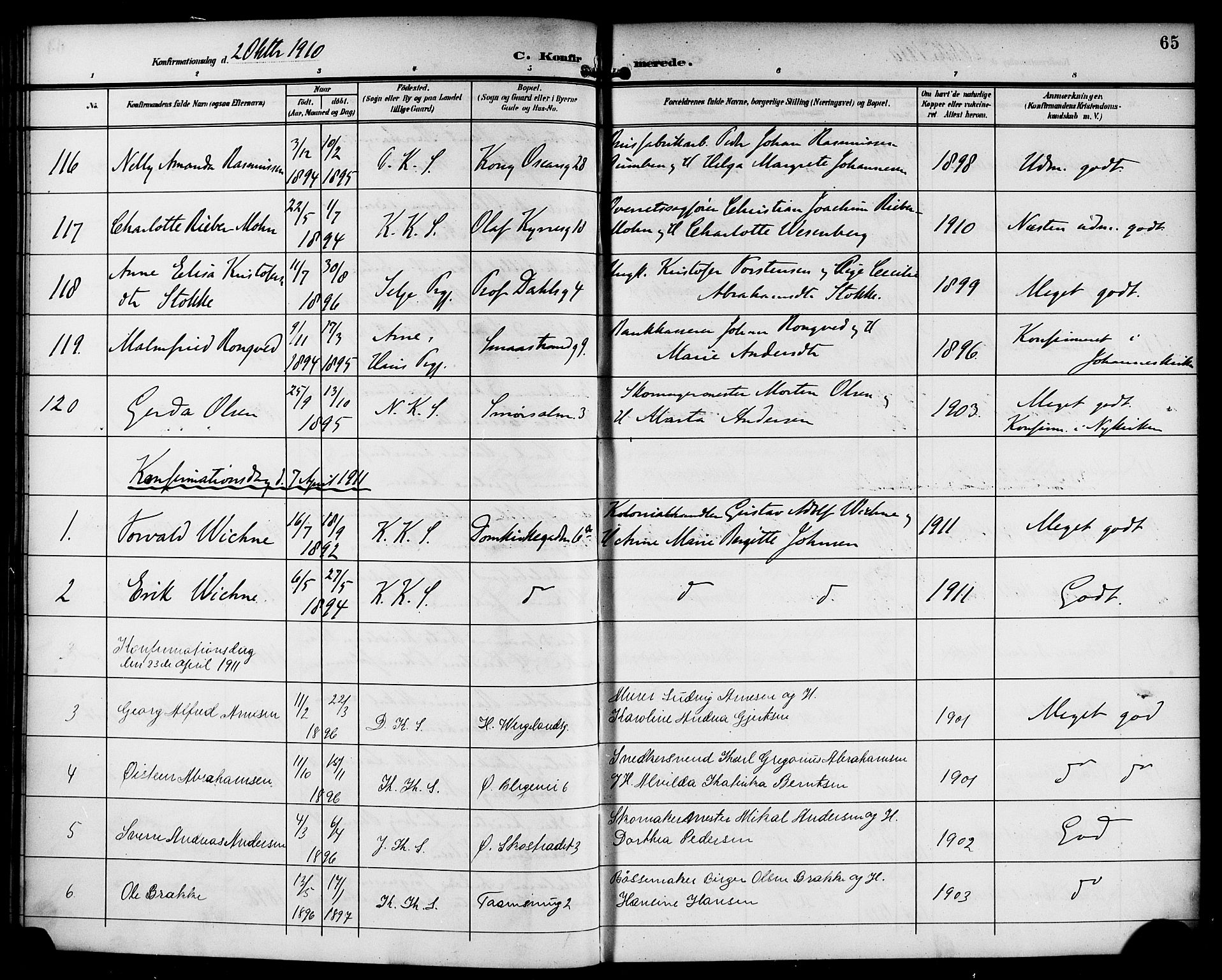 Korskirken sokneprestembete, SAB/A-76101/H/Haa/L0031: Parish register (official) no. C 7, 1907-1921, p. 65