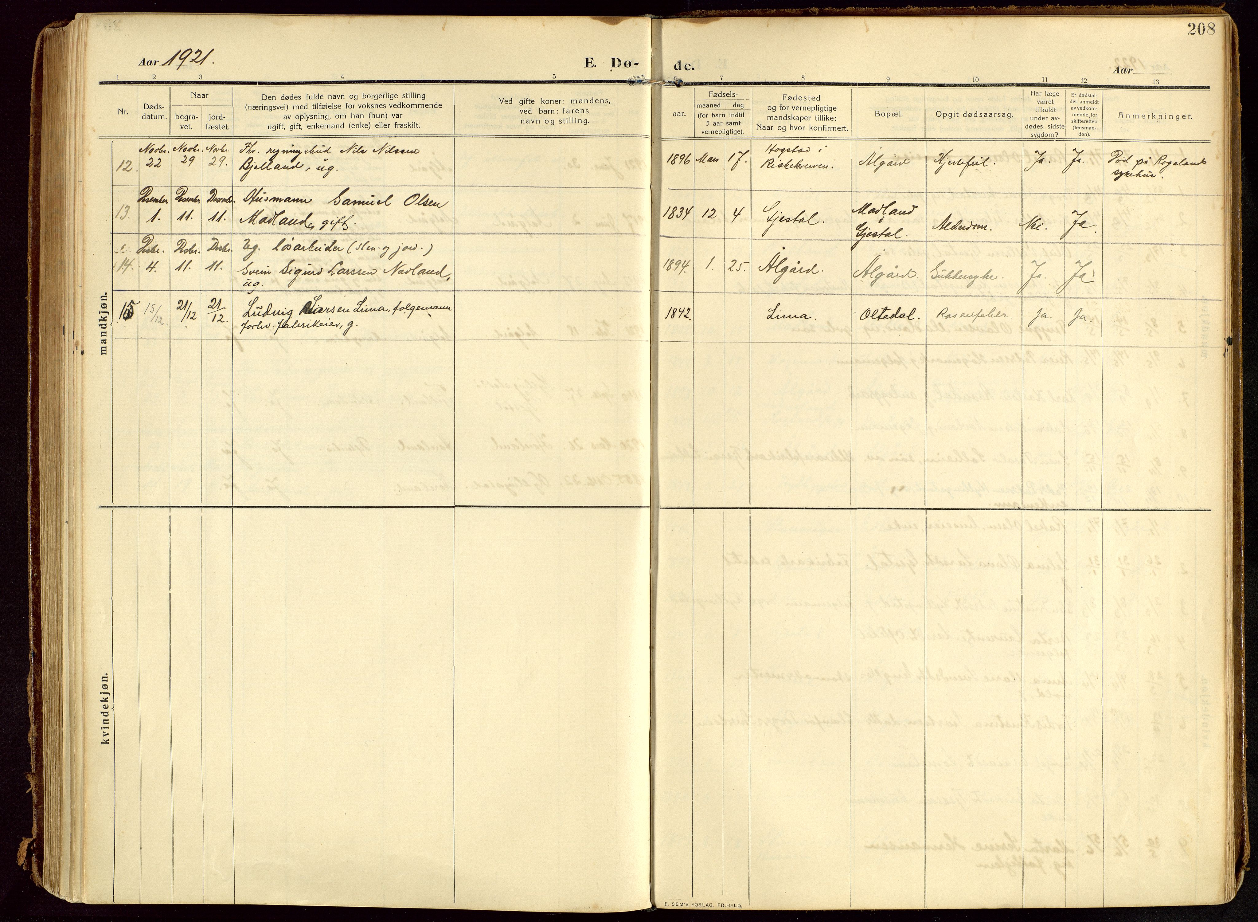 Lye sokneprestkontor, AV/SAST-A-101794/002/B/L0001: Parish register (official) no. A 13, 1910-1925, p. 208