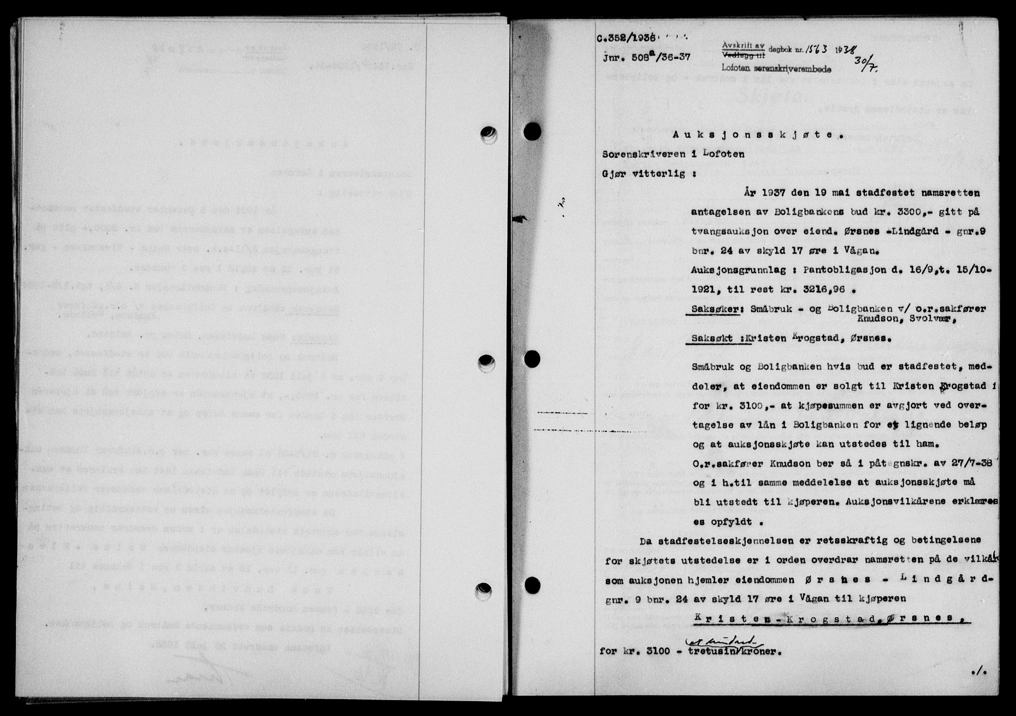 Lofoten sorenskriveri, SAT/A-0017/1/2/2C/L0004a: Mortgage book no. 4a, 1938-1938, Diary no: : 1563/1938