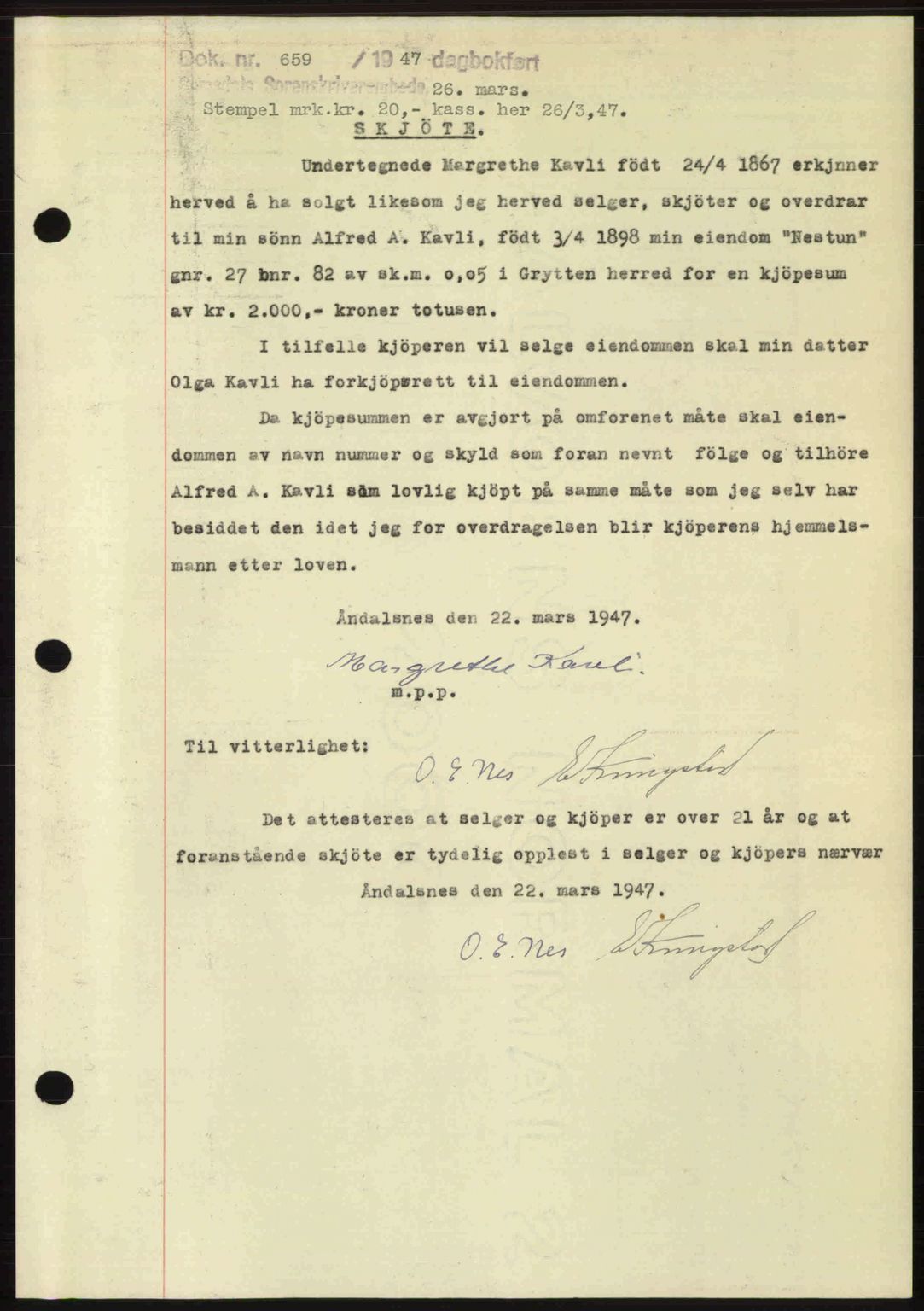 Romsdal sorenskriveri, SAT/A-4149/1/2/2C: Mortgage book no. A22, 1947-1947, Diary no: : 659/1947