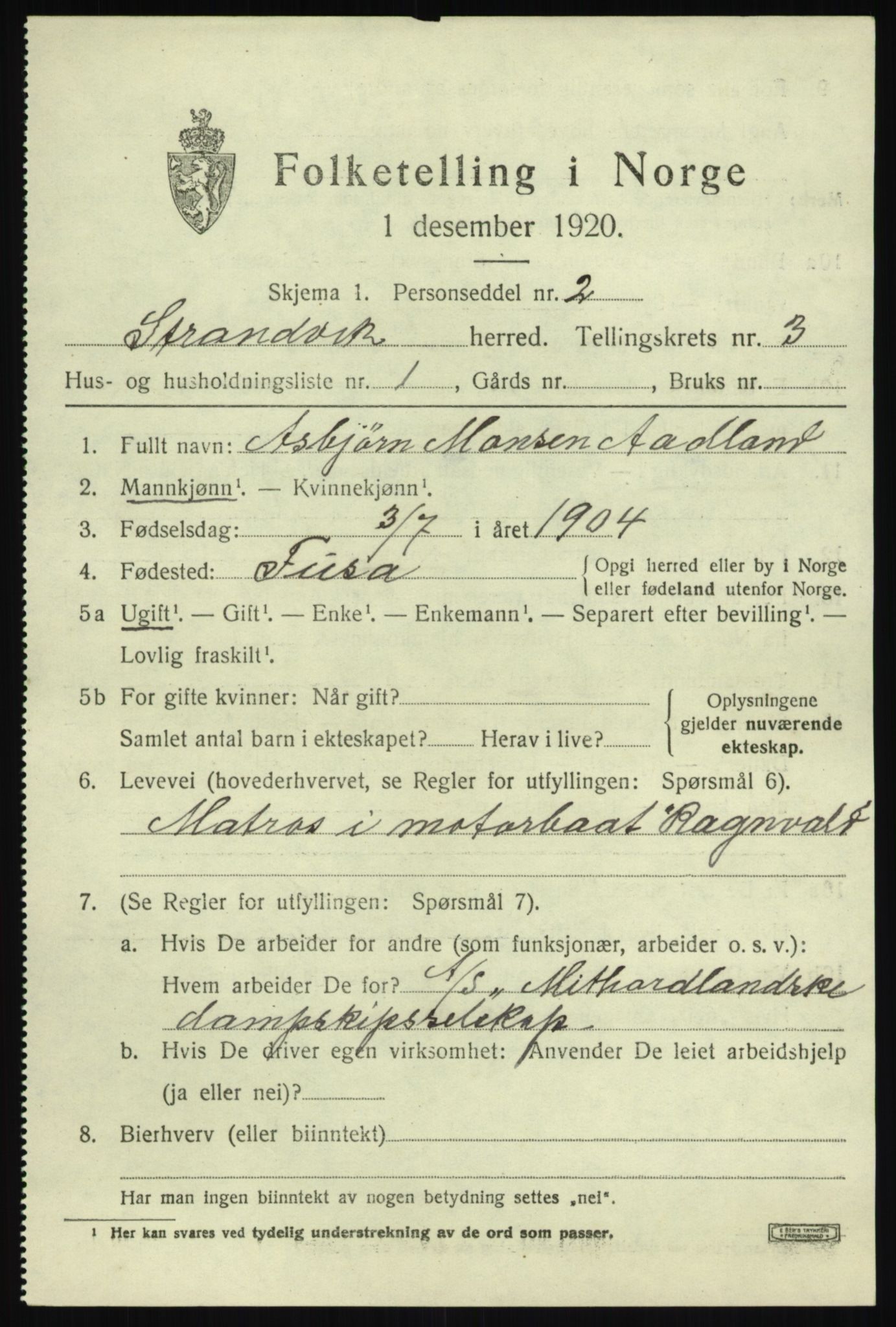 SAB, 1920 census for Strandvik, 1920, p. 2238