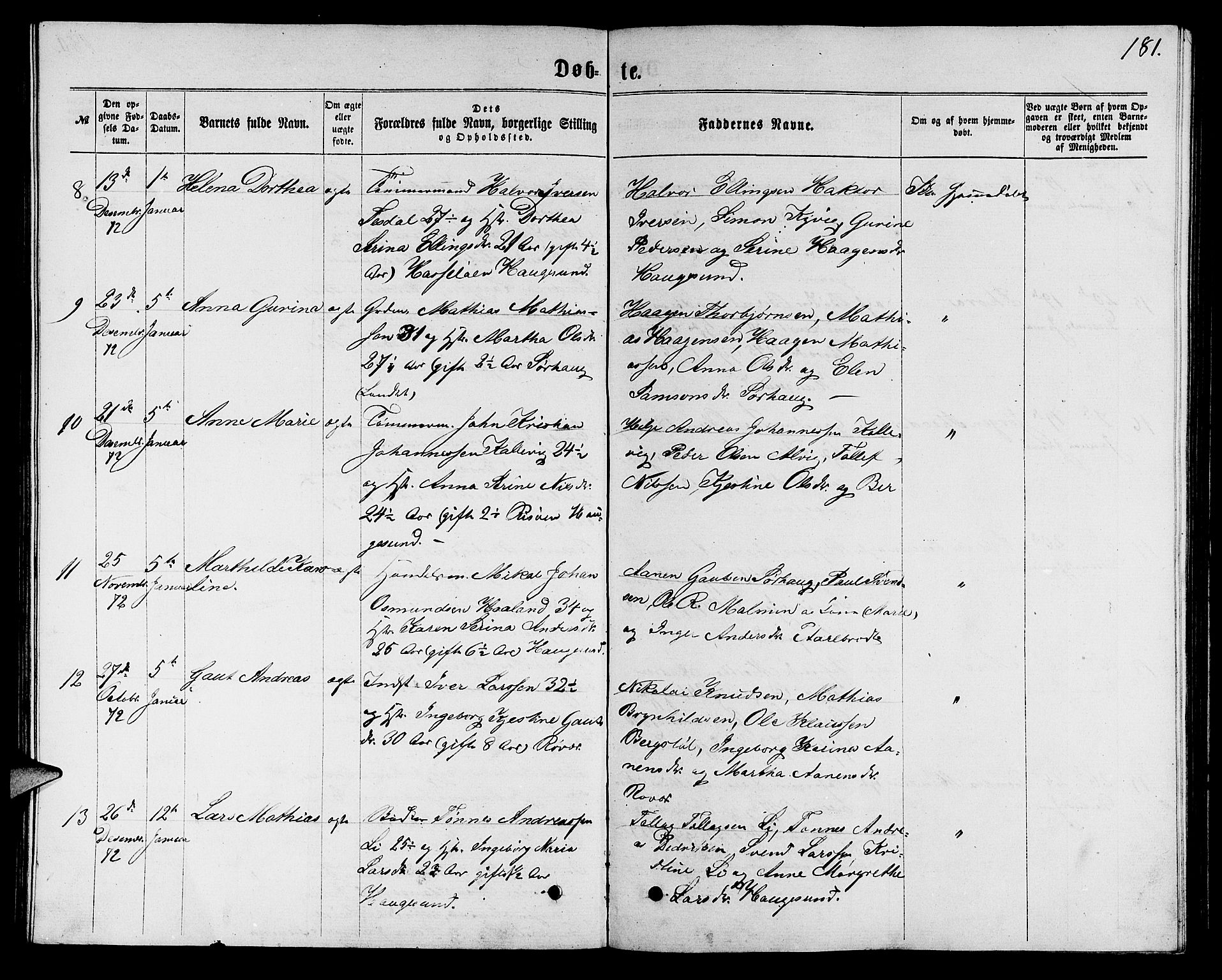 Torvastad sokneprestkontor, AV/SAST-A -101857/H/Ha/Hab/L0007: Parish register (copy) no. B 7, 1866-1873, p. 181