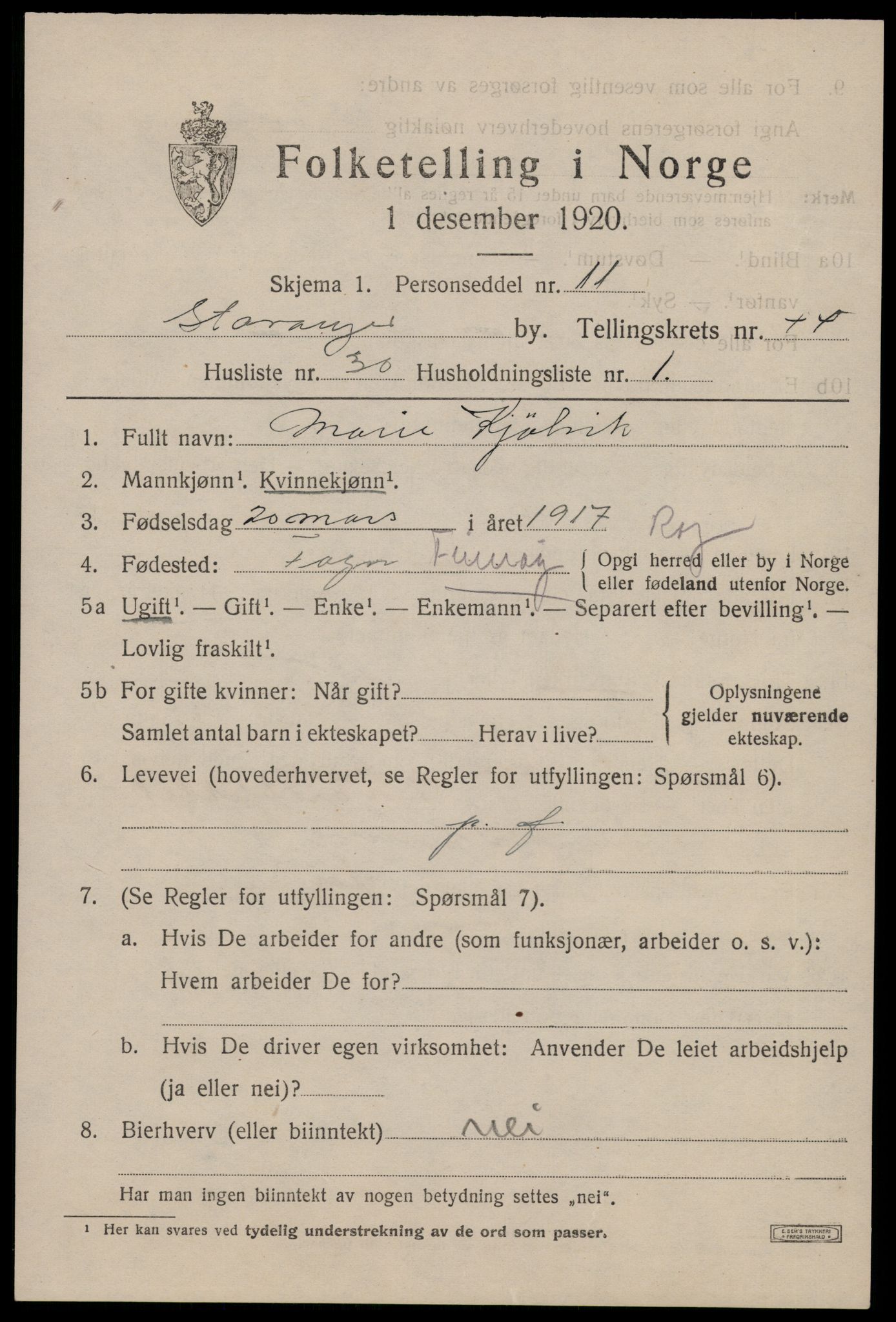 SAST, 1920 census for Stavanger, 1920, p. 108876