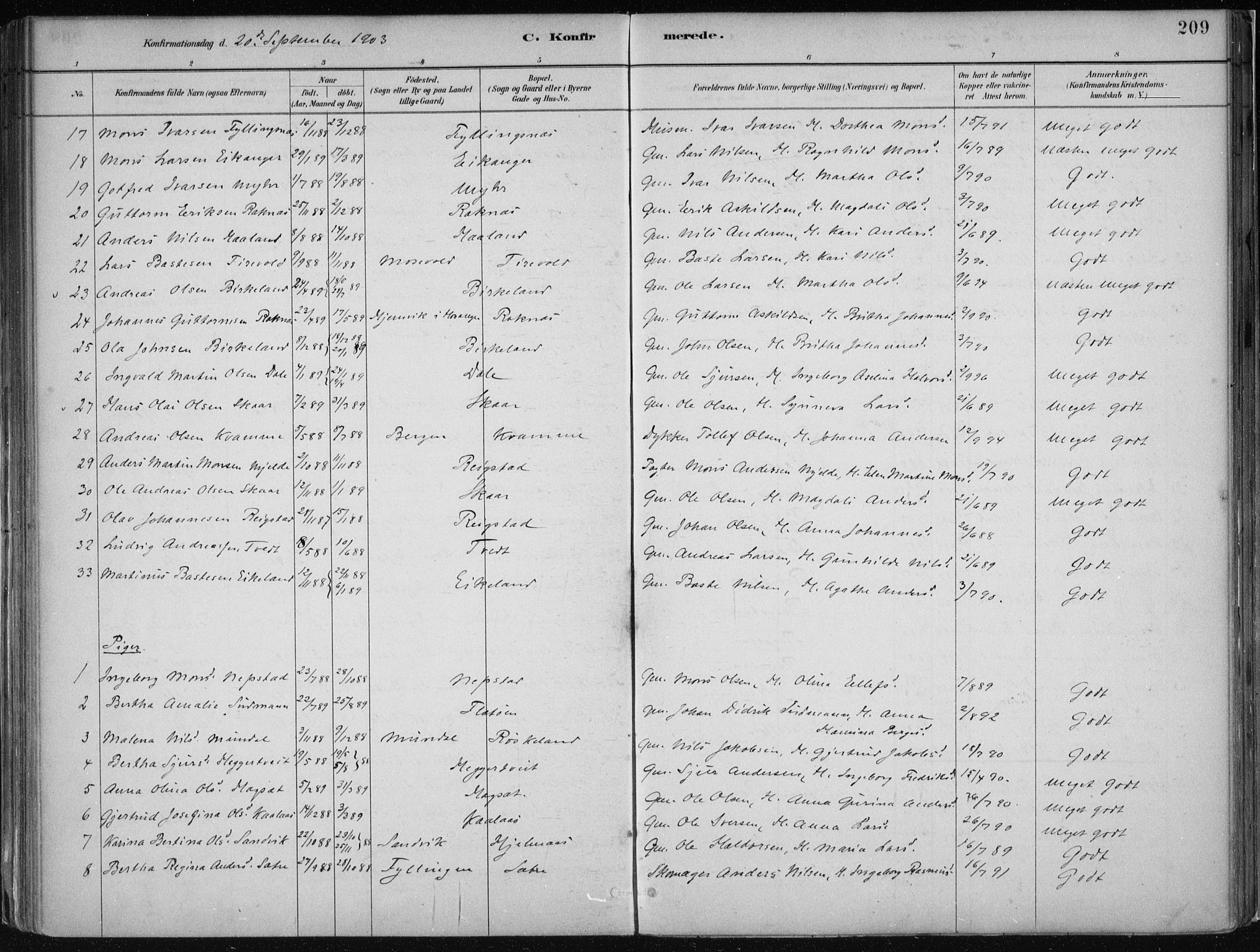 Hamre sokneprestembete, SAB/A-75501/H/Ha/Haa/Haab/L0001: Parish register (official) no. B  1, 1882-1905, p. 209