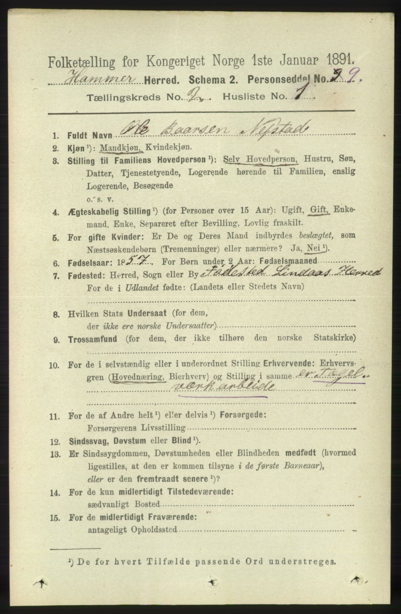 RA, 1891 census for 1254 Hamre, 1891, p. 233