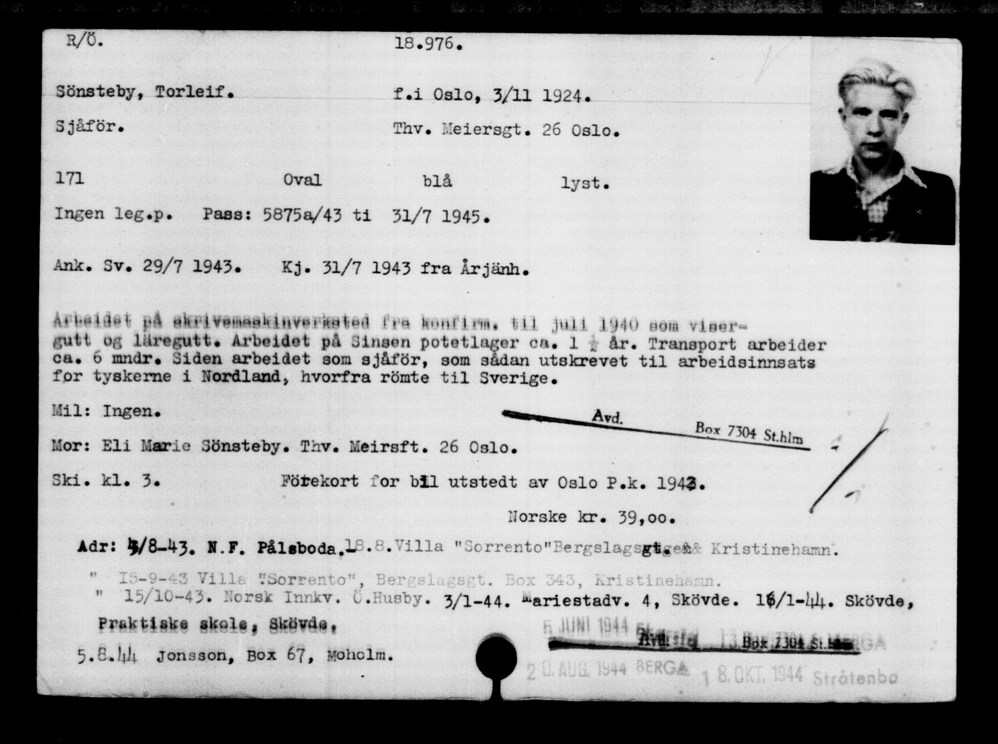 Utenriksstasjonene, Legasjonen i Stockholm, Flyktningkontoret, AV/RA-S-6753/V/Va/L0009: Kjesäterkartoteket, flyktninger med registreringsnr. 18502-22048, 1940-1945, p. 558