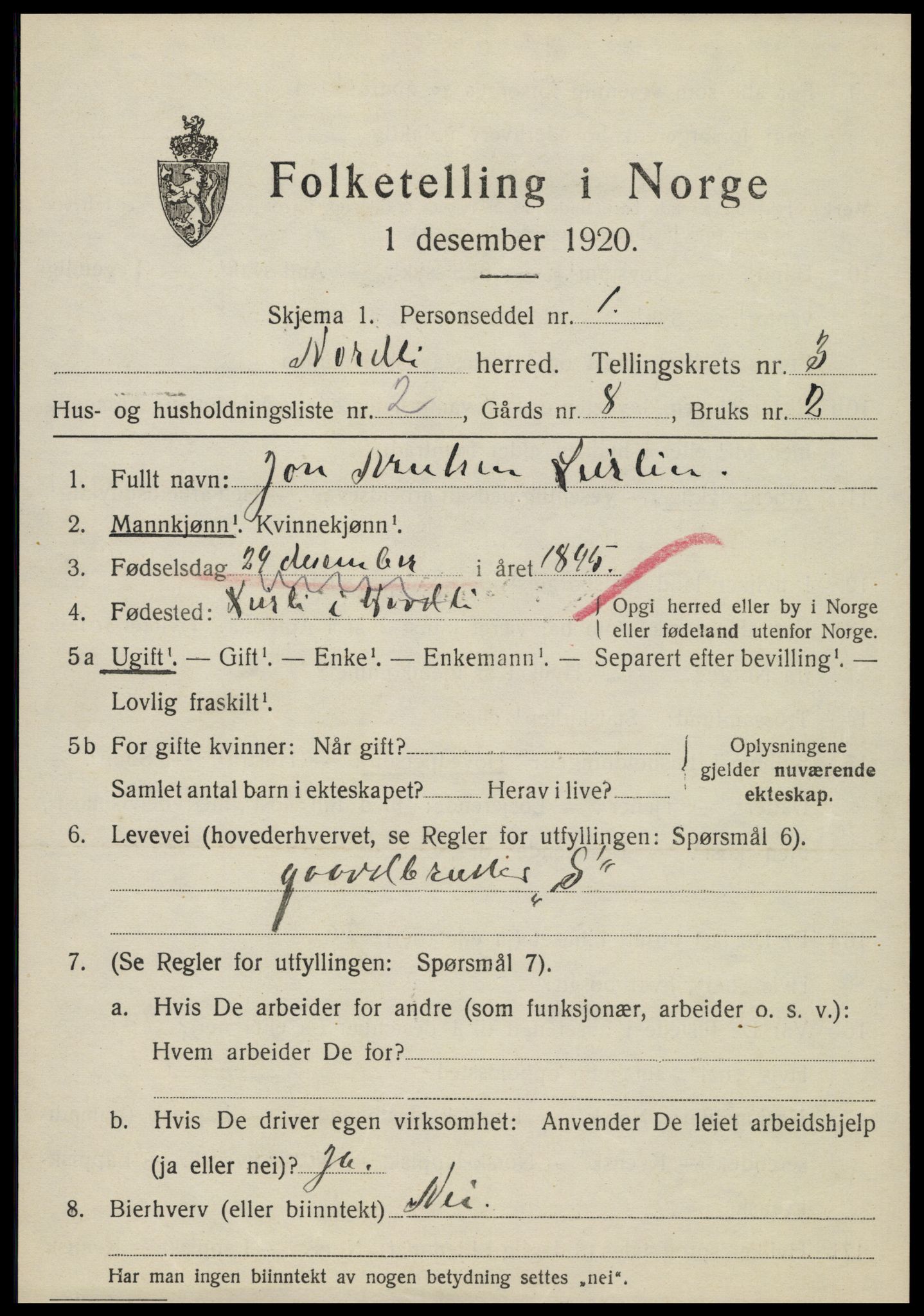SAT, 1920 census for Nordli, 1920, p. 1421